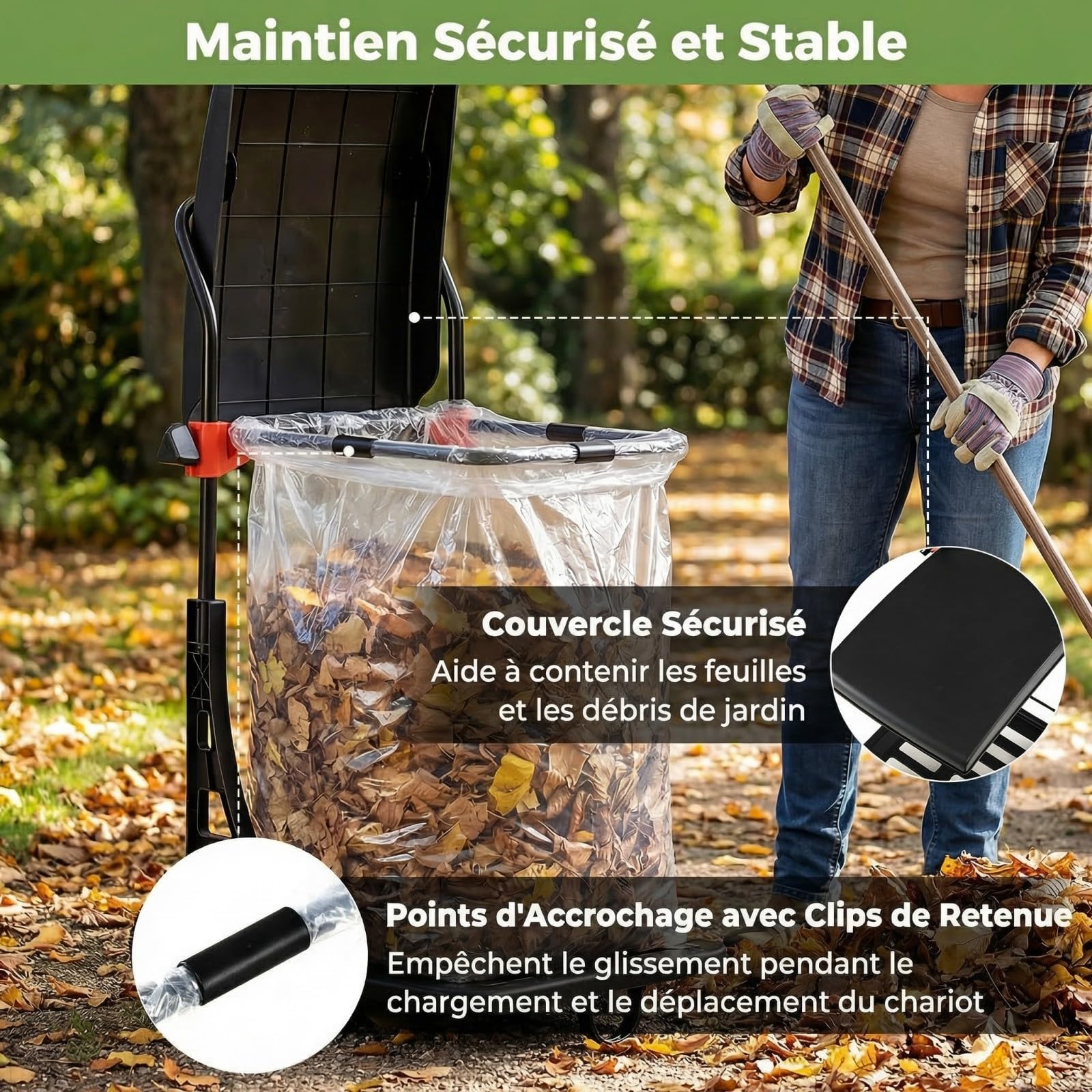 COSTWAY Chariot de Sac Poubelle de Jardin à roulettes, Porte-Sac Poubelle Support Réglable en Hauteur Couvercle Sécurisé Corde de Fixation Poignée et 2 roulettes, pour Feuilles Débris Déchets