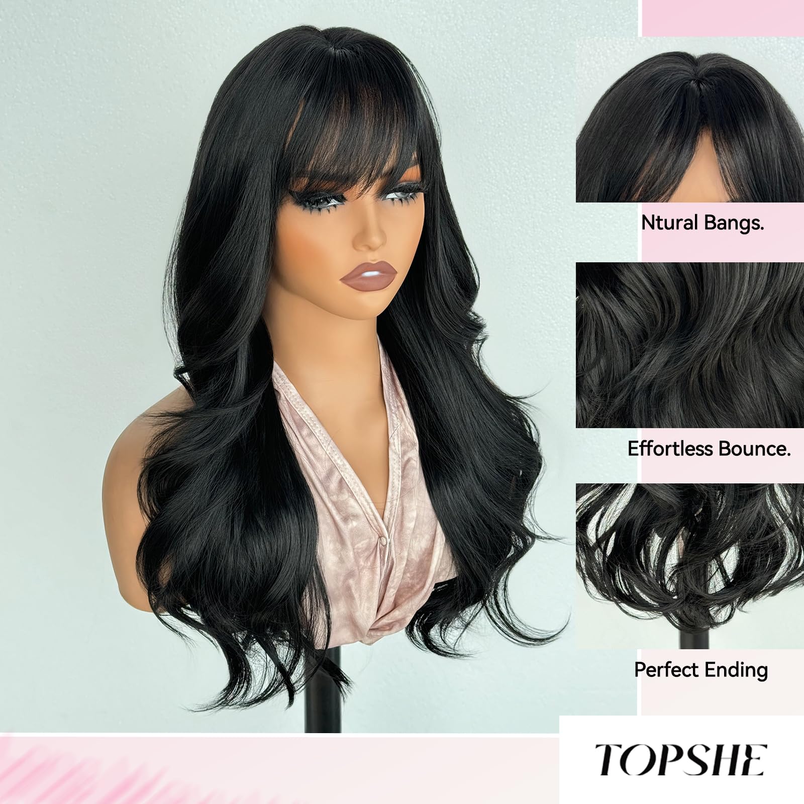 Synthetic Wavy Wig With Bangs Heat Resistant Natural Look Daily Wear Amazon.com : topshe Long Black Wavy Wig With Bangs for Women  main image 3
