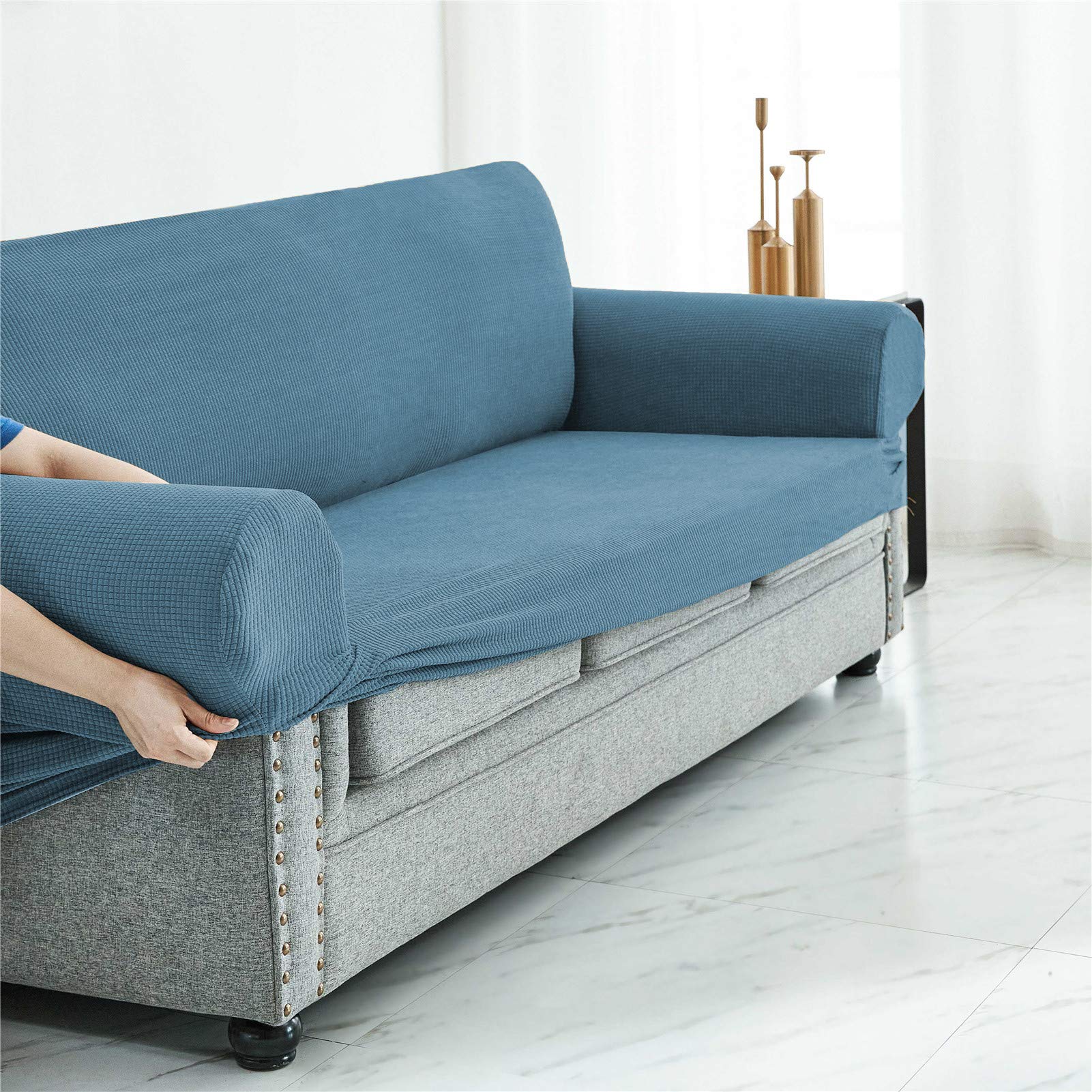 Copridivano elasticizzato per divano a 4 posti, in tessuto spandex resistente, protezione per mobili, copridivano elastico blu, perfetto per l'arredamento della casa e il rinnovamento dei mobili