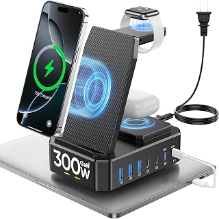 Zutspzss 300W 10-in-1 Charging Station: Wireless for iPhone, Apple Watch, AirPods + GaN III 65W USB-C Laptop Dock