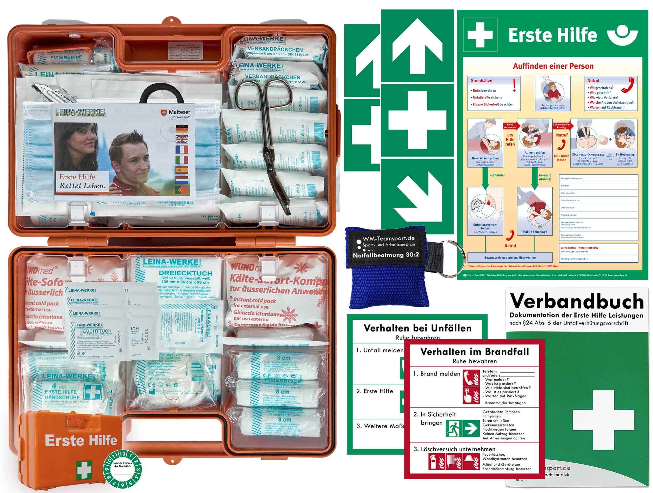 Verbandskoffer/Verbandskasten (G) Typ N -Komplettpaket- Erste Hilfe nach AKTUELLER DIN 13169 für Betriebe INKL. Verbandbuch + Notfallbeatmung & AUFKLEBER + Aushang