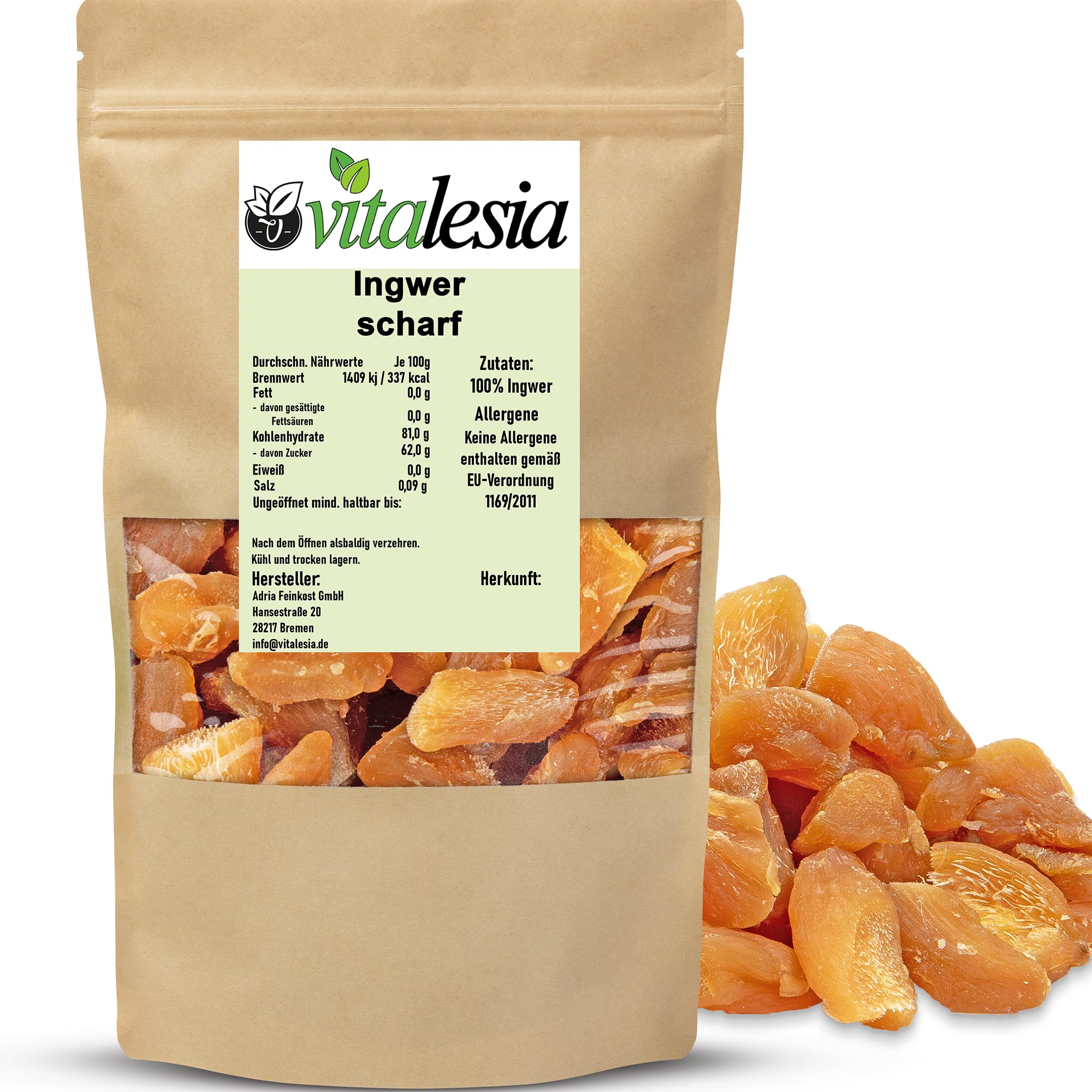 Vitalesia Ingwer getrocknet 1kg | naturbelassen & scharf | aus hochwertigem Anbau in Thailand | ohne Zusätze | vegan