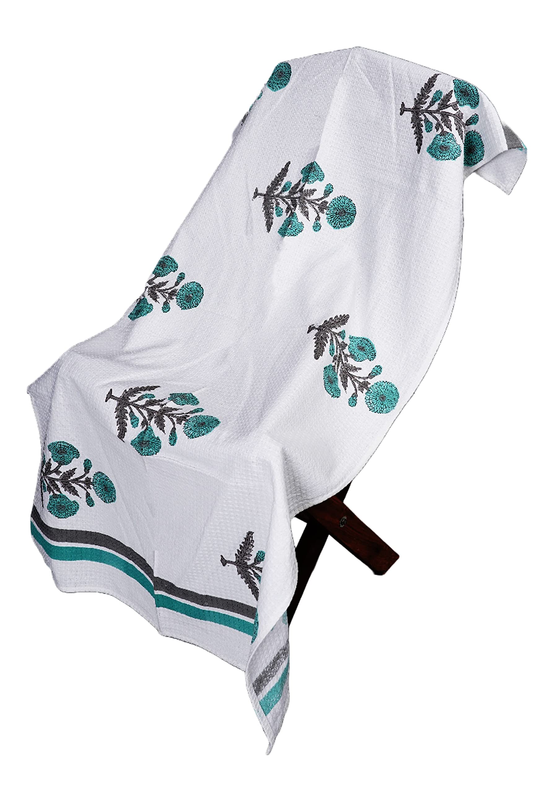 INDACORIFY Hand Block Flower Print Cotton Waffle Bath Towels, Soft Super Absorbent Skin-Friendly Towel 72x150 cms (Green Flower Print)