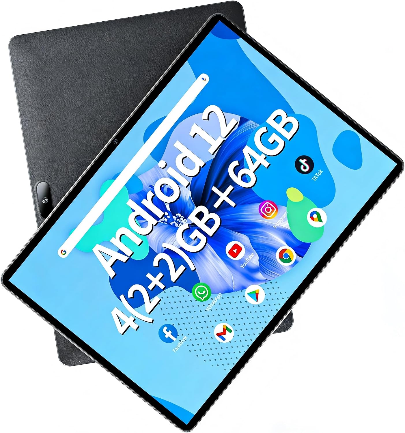 Android 12 4(2+2) GB RAM 64GB ROM Tablet with 10.1 Inch 1280 * 800 IPS Srceen, Octa-Core 1.6GHz Processor, 5MP+2MP Dual Camera, 5000mAh, WiFi, Bluetooth 5.0, GPS, 256GB Expansion