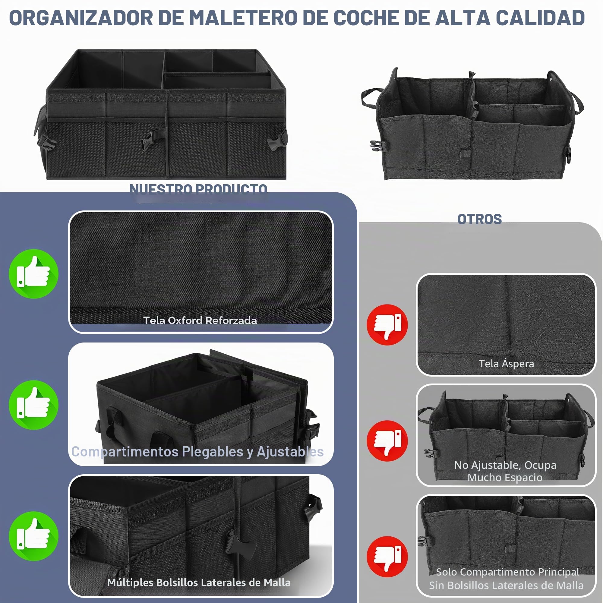 Organizador de maletero, bolsa plegable para maletero con tapa, organizador de maletero para automóvil con divisores extraíbles, equipado con base antideslizante y cierre de velcro, bolsillos