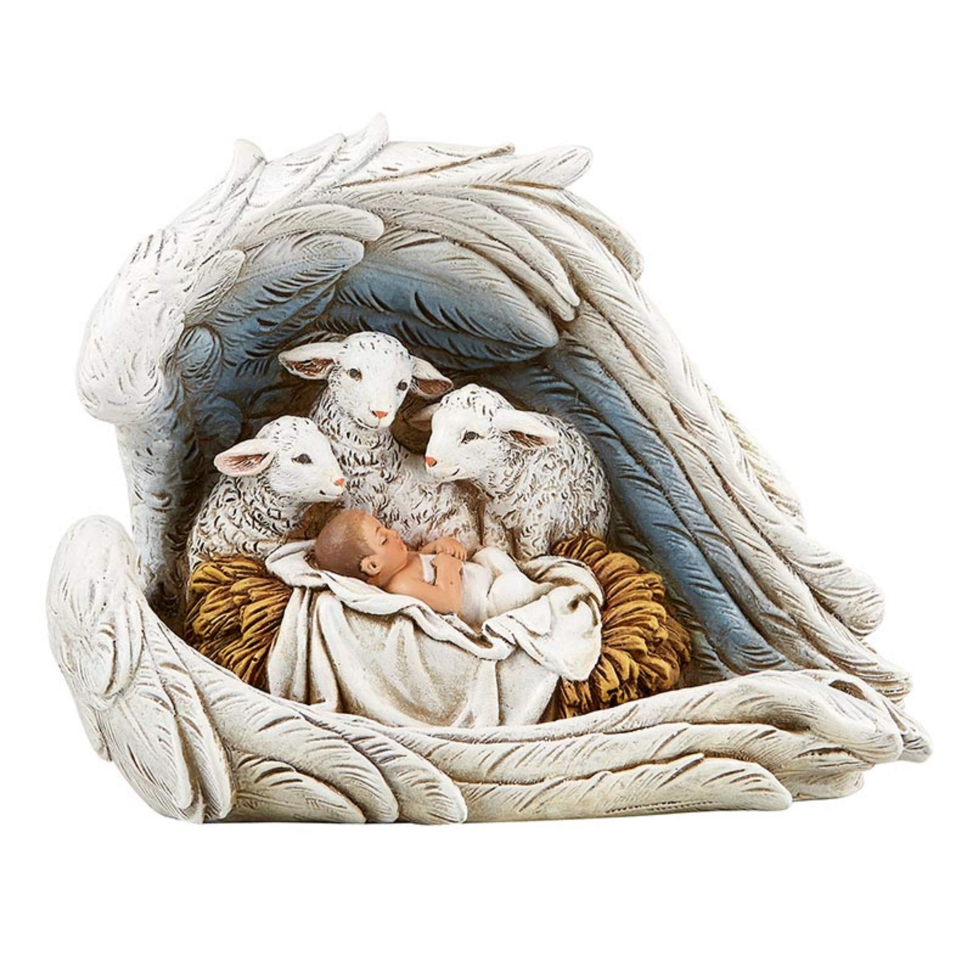Needzo Adoring Sheep with Baby Jesus Christ in Angel Wings Figurine Table Christmas Decorations, 5 Inch