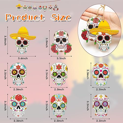 Miniatura 2 de Haooryx Adornos colgantes de madera de fantasma del Día de los Muertos de Halloween, 25 piezas de calaveras de azúcar, decoración mexicana para