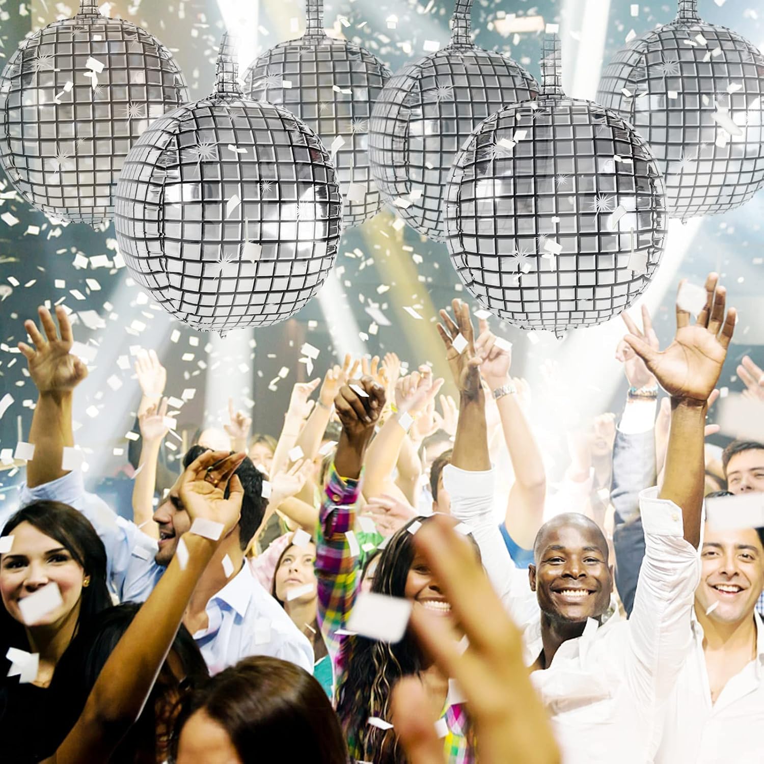 6 Pack Disco Ball Balloons for 70s Disco Party 22 Inch Large 4D Round Metallic Silver Disco Mylar Foil Balloons for Disco Theme Birthday Party Father's Day Mother's Day Halloween Decorations