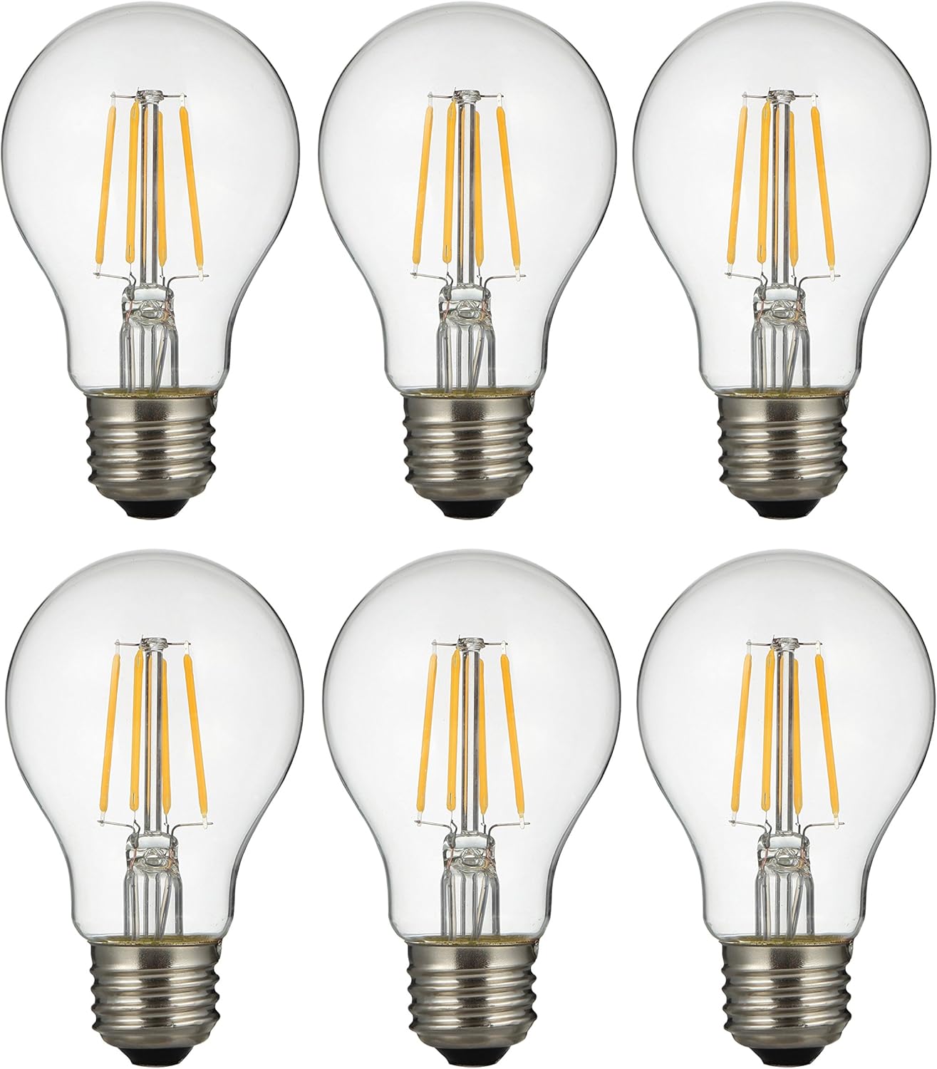 6 Piece 4W (40W Equivalent) LED Vintage Filament Clear Light Bulb, 2700K Clear Soft White 420LM, E26 Base, A19, UL Listed, RoHS, Dimmable