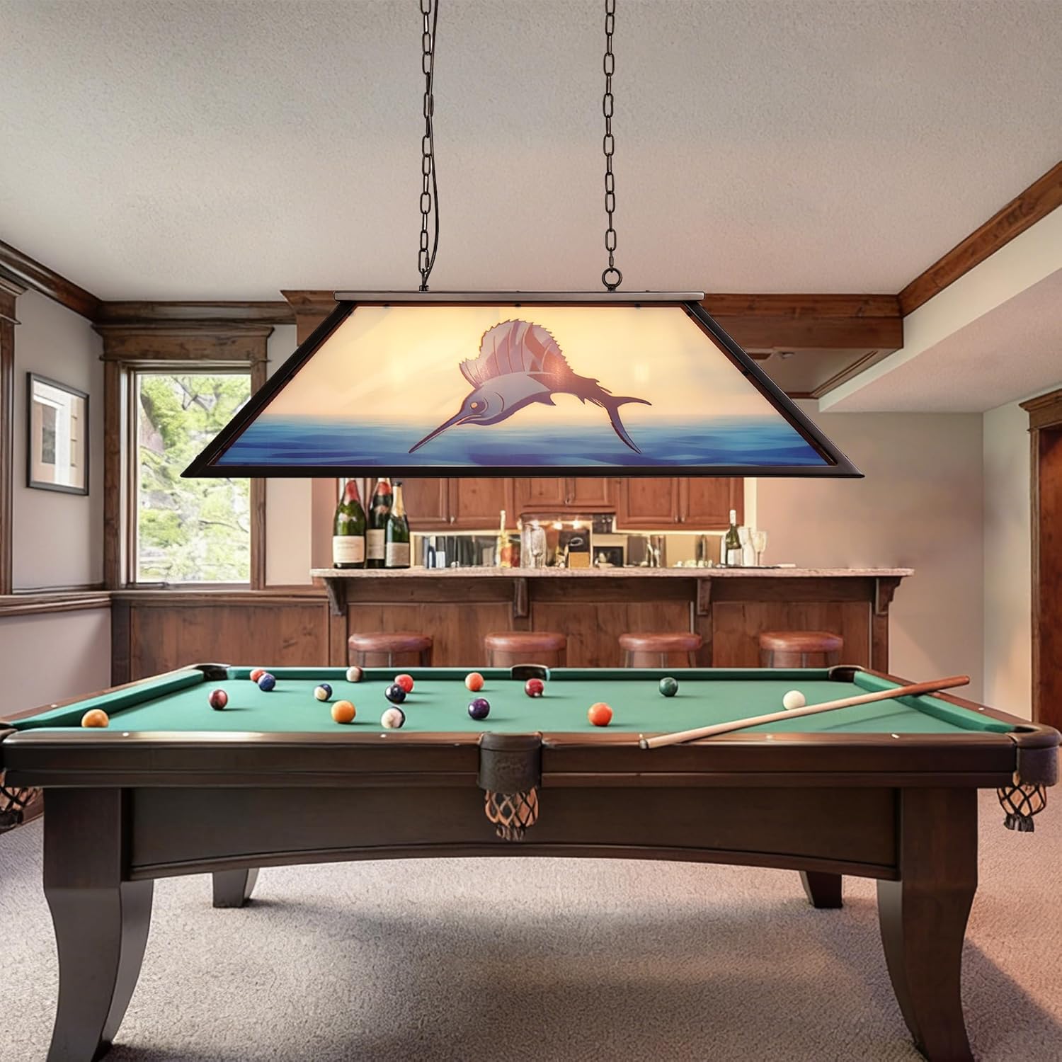 4-Light Tiffany Pool Table Lights, 43" Sailfish Billiard Light Fixture for 7'-8' Pool Table, Ocean-Themed Adjustable Farmhouse Chandelier for Game Room, Man Cave, Bar, Dining Room (E26)