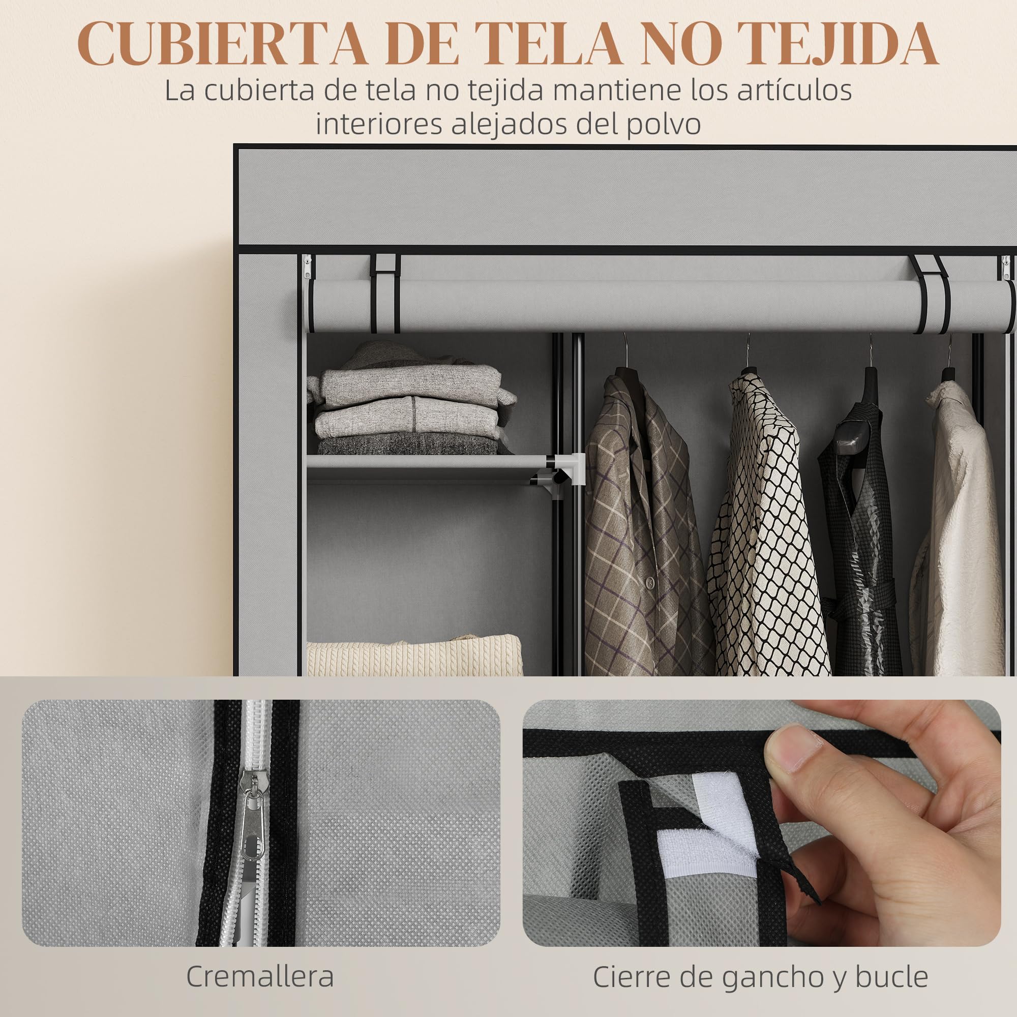 HOMCOM Armario de Tela con Ruedas, Armario Portátil, con Barra para Colgar, 6 Estantes, Marco de Acero, para Dormitorio, Vestidor, 103x43x162,5 cm, Gris Claro