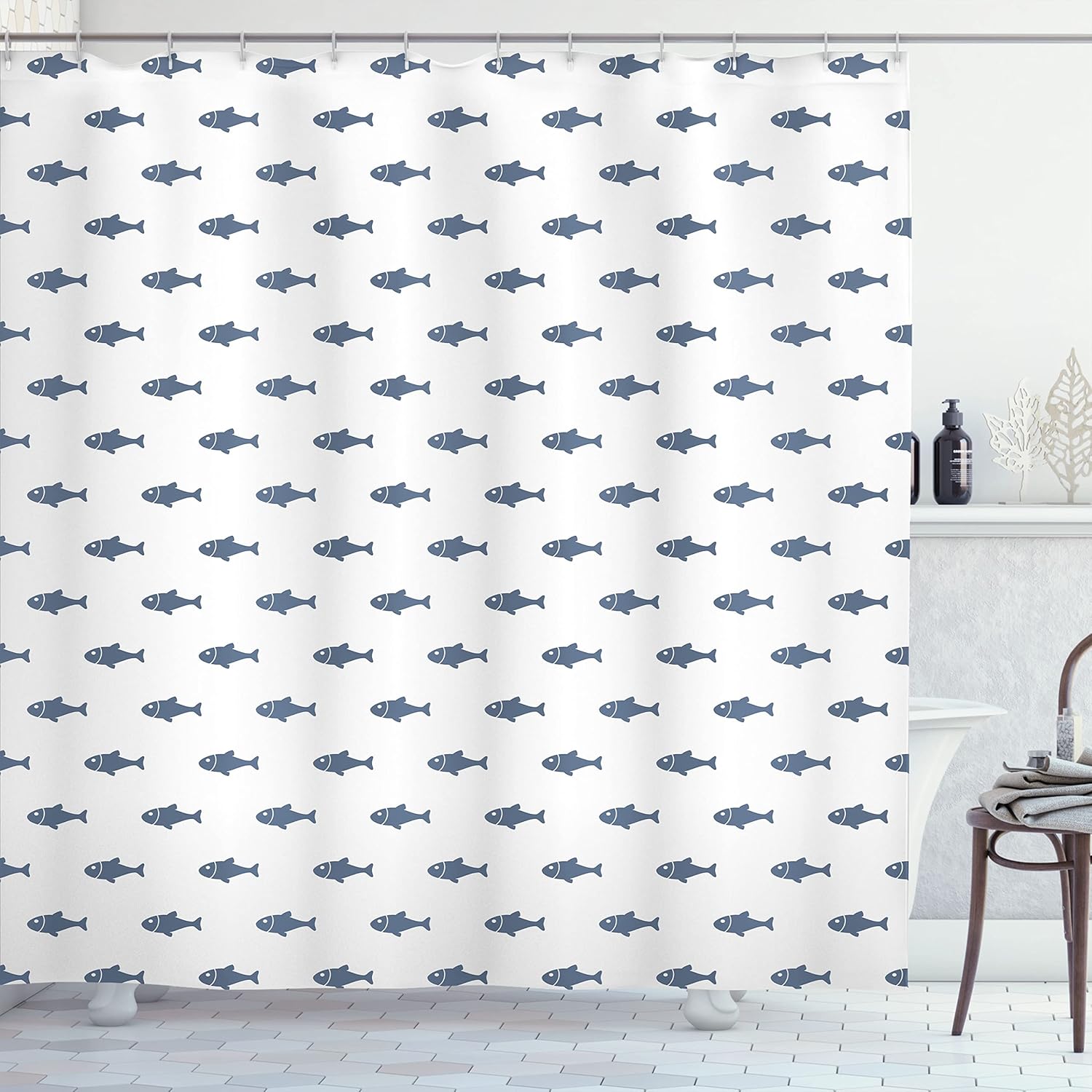 Ambesonne Ocean Shower Curtain, Hand Drawn Nautical Sketchy Sea Life Fish Whales Dolphins Artwork, Cloth Fabric Bathroom Decor Set with Hooks, 69" W x 84" L, Blue Grey