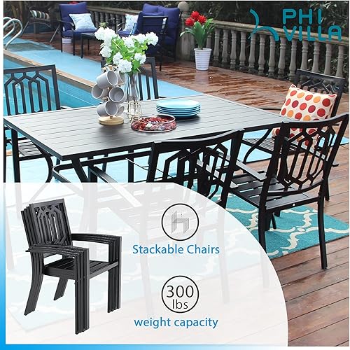 Miniatura 5 de PHI VILLA Juego de 4 sillas de comedor de metal para exteriores, sillas apilables de color negro, capacidad de 300 libras (geometría)
