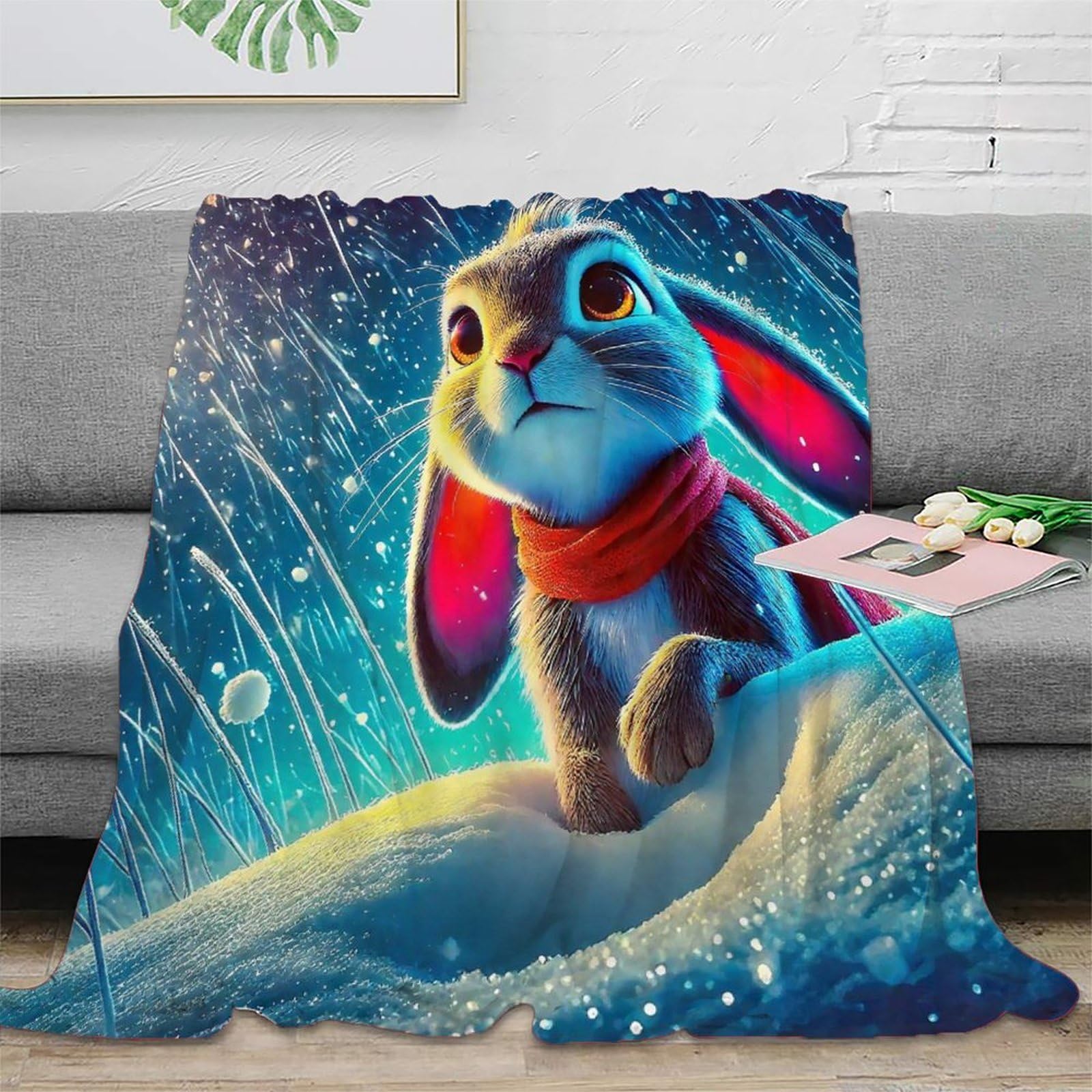 Couverture lapin anti-frissons plaid microfibre chaude pour lit 100x130cm
