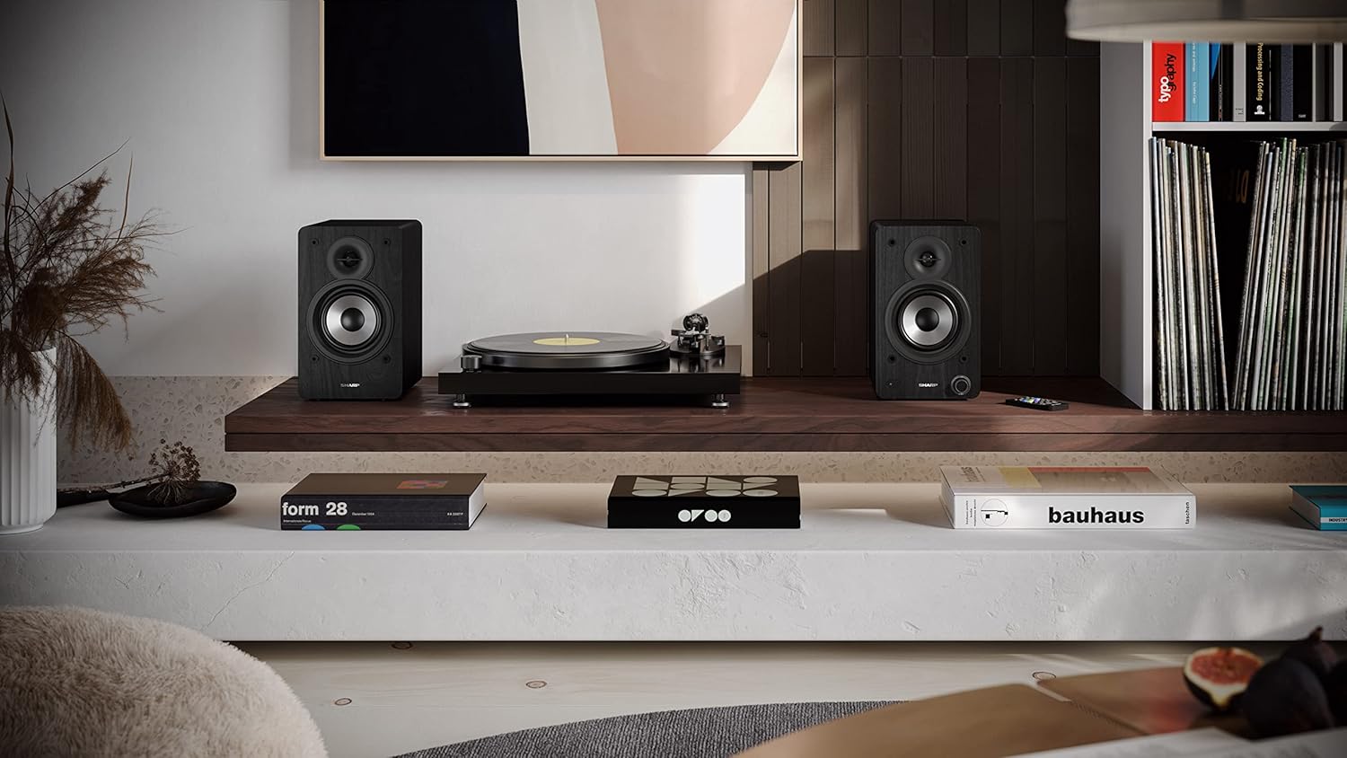 Sharp CP-SS30(BK) speakers set up in a living room with a turntable