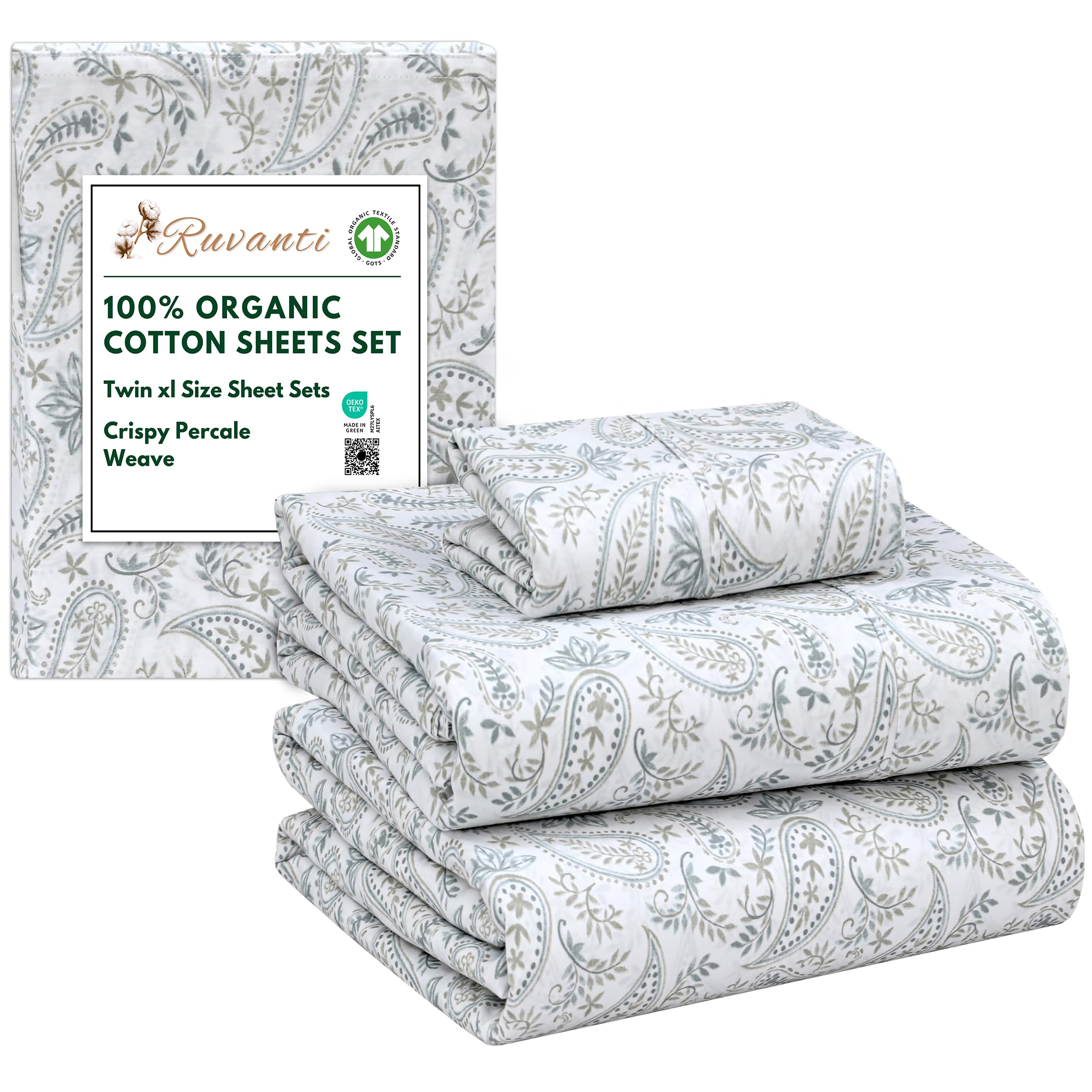 RUVANTI 100% Organic Cotton Sheets King Size, Percale Weave, GOTS Certified, 4-Piece Set, Deep Pocket 15", Crisp & Breathable, Soft Durable Bedding, Sábanas Algodón Orgánico – Ornate Oasis