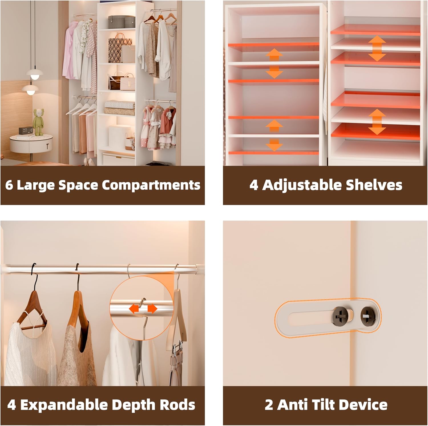 Closet System, Closet Organizer System With Adjustable Shelves, Walk-In Closet Storage System With 5 Hanging Rods, Adjustable Cloth Garment Rack, Fits Spaces 4 to 9FT, White