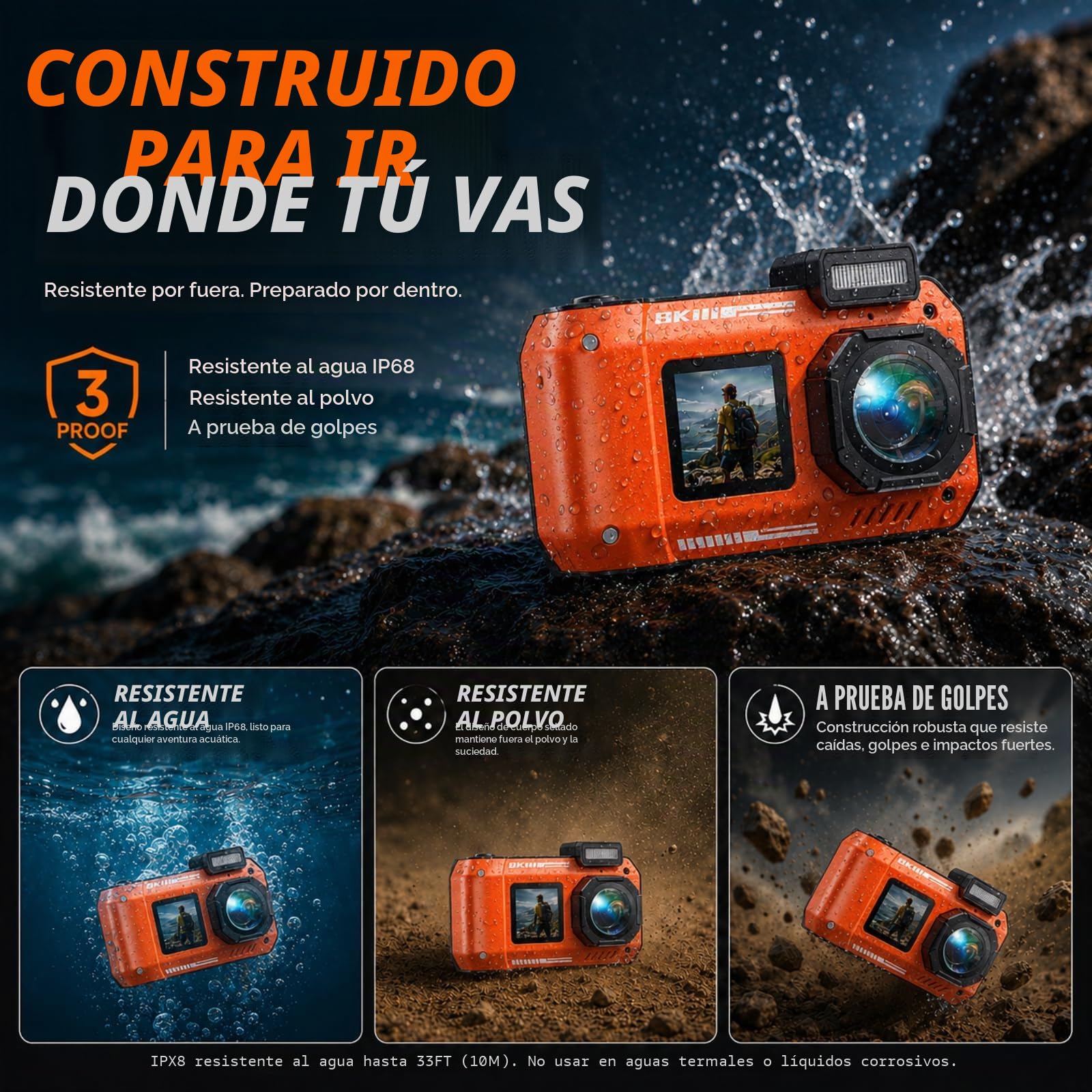 MaxMango D50 33FT Cámara Digital Impermeable, 8K 70MP Cámara Acuática con 16 GB, Cámara de Fotos con 2.88" Doble Pantalla 18x, Resistente al Polvo y a los Golpes, Autofocus - Naranja
