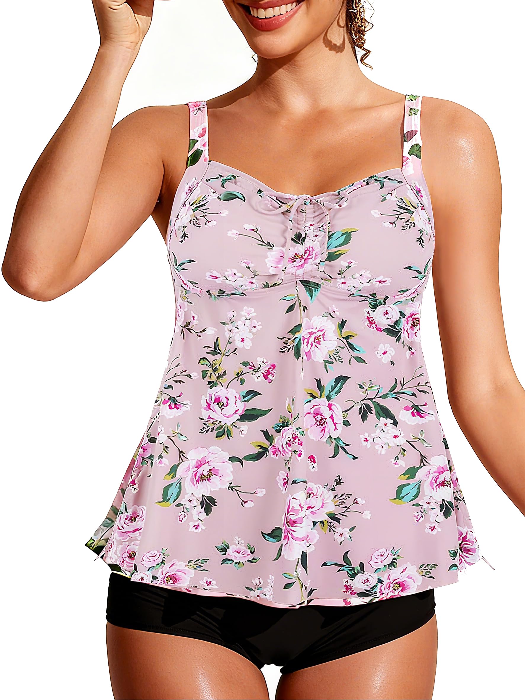 septangle Women Plus Size Bathing Suits Paisley Print Two Piece Swimsuit Tankini Swimwear, Pink & Flower, 16-picture-45