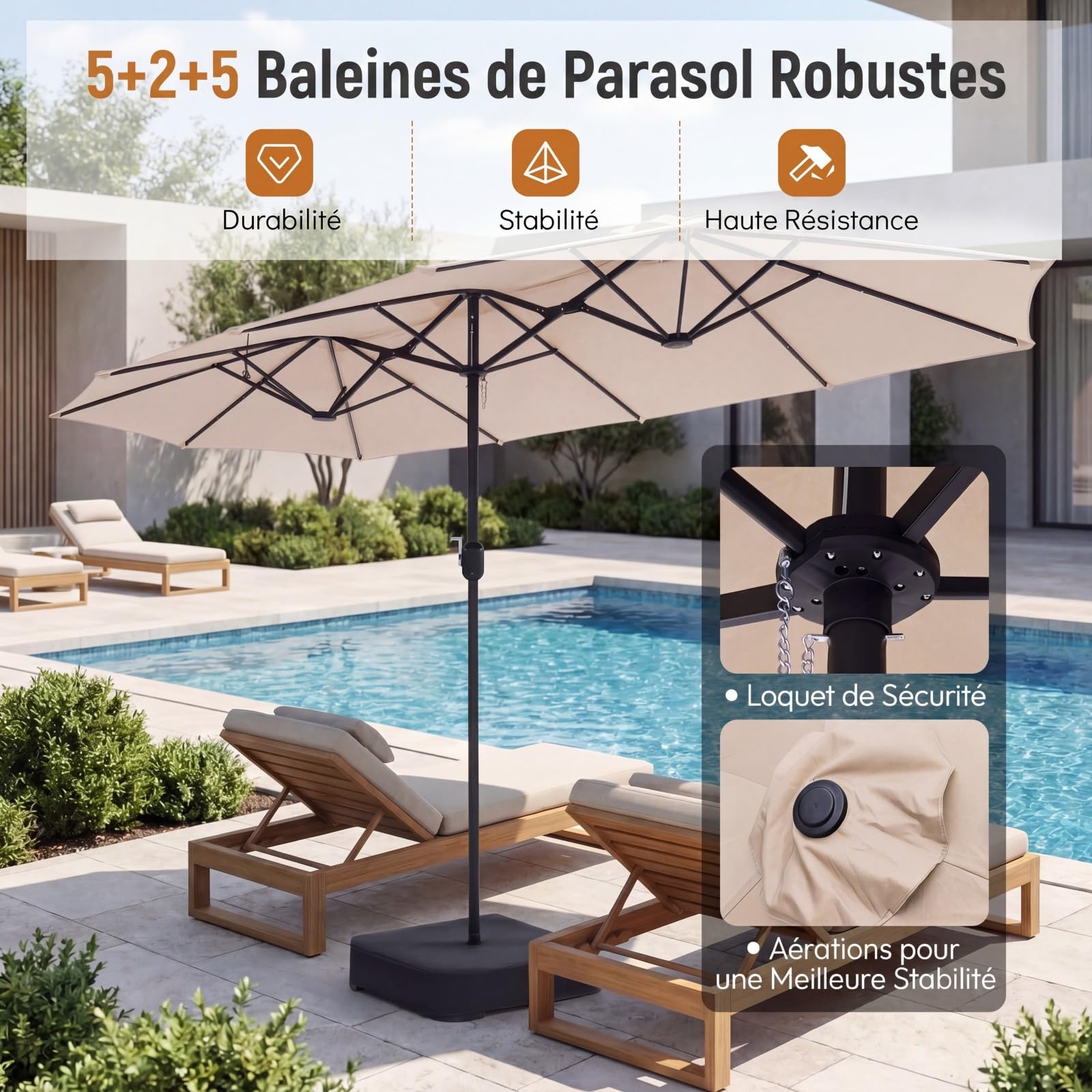 RELAX4LIFE Grand Parasol de Jardin Exterieur LED avec Pied, 4x2M Parasol Double Éclairé pour Terrasse/Piscine/Marché, 12 Baleines Renforcées, Manivelle, Protection Solaire pour 6-8 Personnes (Beige)