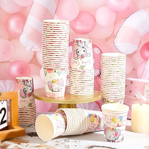 Miniatura 5 de Rtteri 100 vasos de papel desechables de 9 onzas para baby shower, elefante, vasos de papel de bienvenida floral para bebés niños, vasos para té