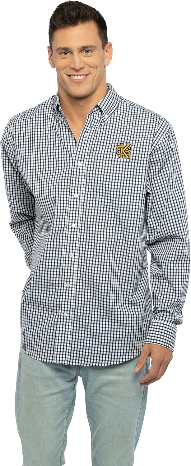 Vantage Apparel Men's Collegiate Easy-Care Long Sleeve Gingham Check Button Down Shirt, Kennesaw State Owls, Large Team Color