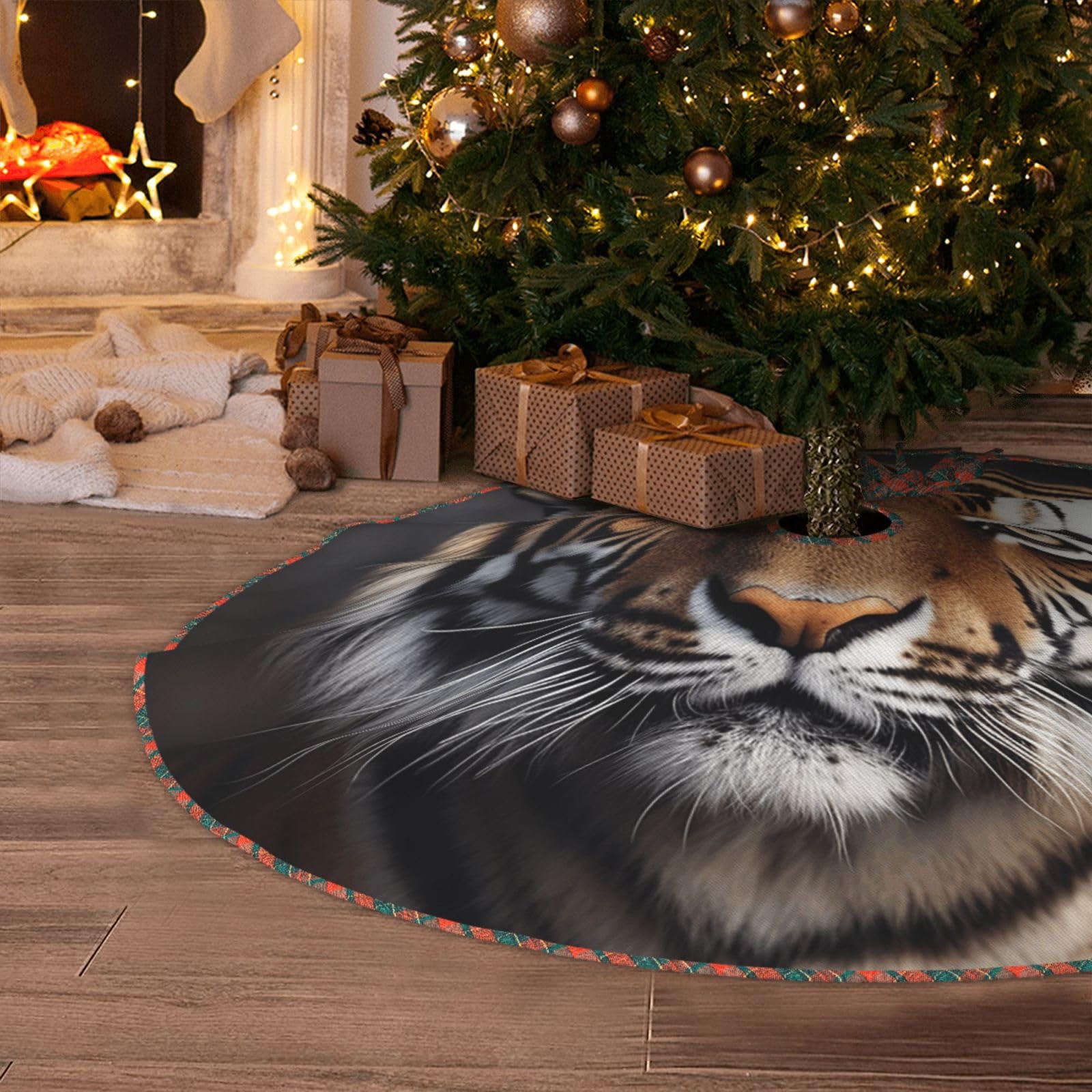 Tiger Christmas Tree Skirt 48" Artificial Tree Mat Cover Merry Christmas Burlap Xmas Tree Skirt for Christmas Decoration Holiday Indoor Outdoor Winter Party Decor