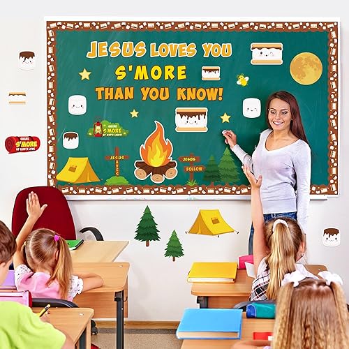 Miniatura 5 de Juego de 135 piezas de decoración de tablón de anuncios de Jesús te ama S'More, recortes bíblicos cristianos, religiosos, para la escuela dominical,