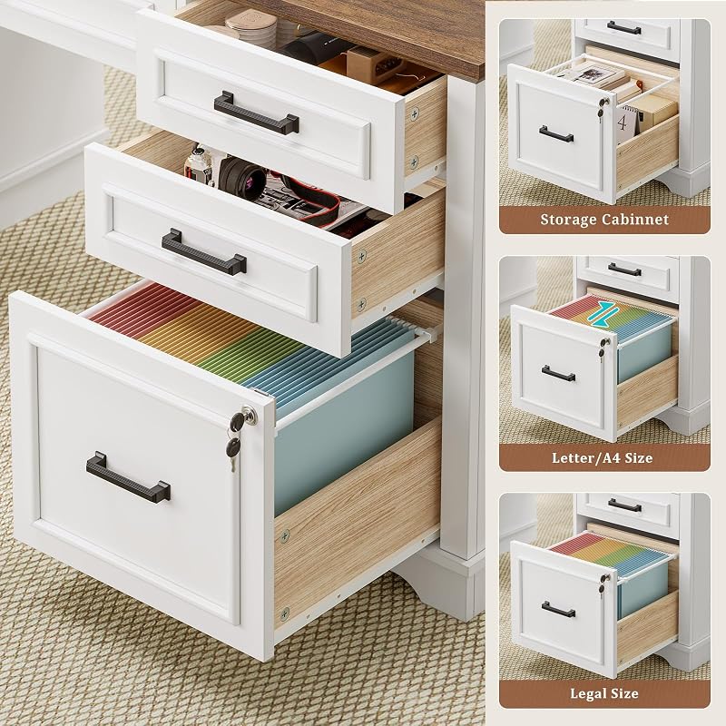 UPOSOJA 60'' Farmhouse Executive Desk with Drawers, Home Office Desk with Power Outlet & LED Light, Wood Computer Desk with Monitor Stand, Locking File Drawer, Glass Storage Cabinet, Hooks, White image 4