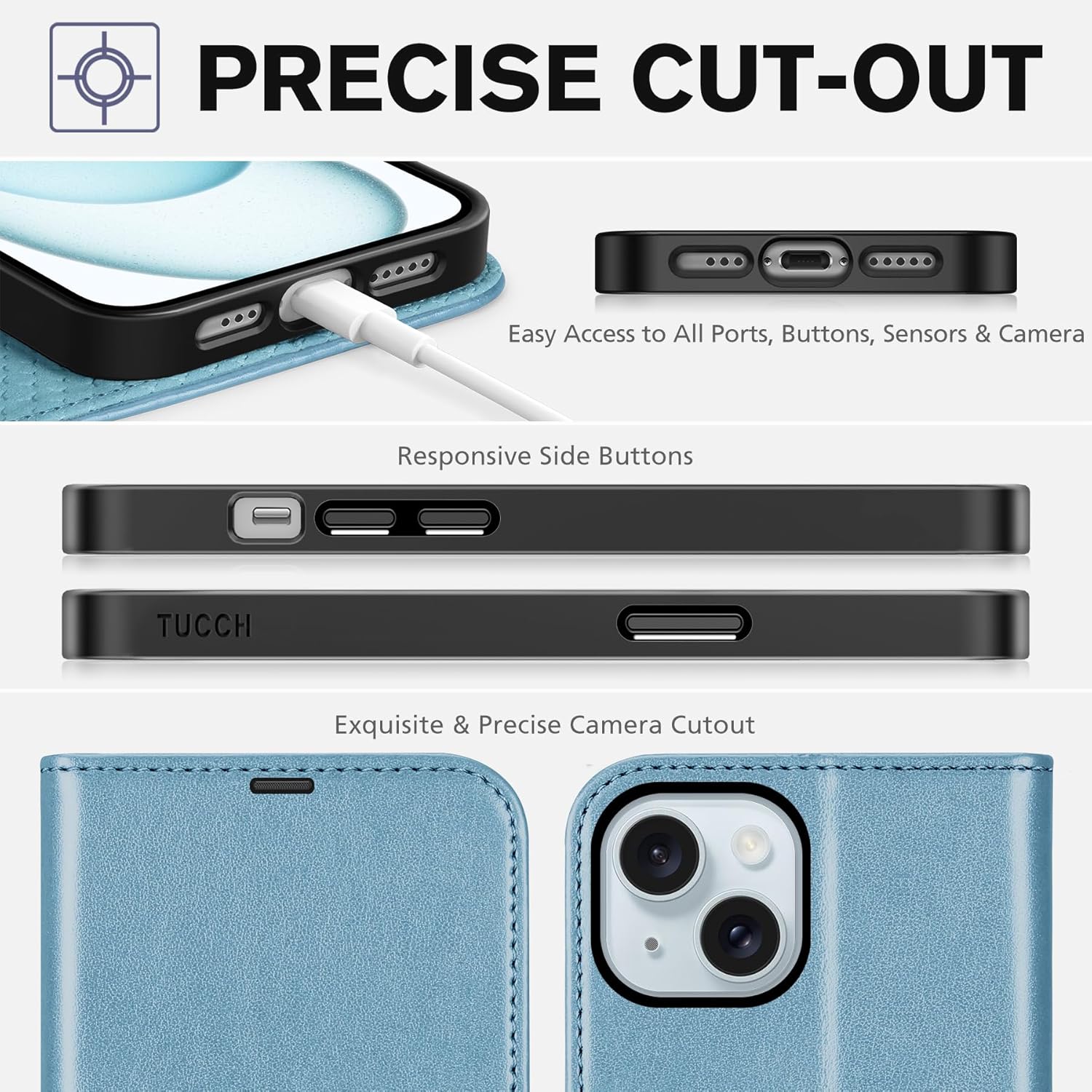 TUCCH Case Wallet for iPhone 15, [RFID Blocking] 4 Card Holder Stand [Shockproof TPU Interior Case] PU Leather Magnetic Protective Flip Cover Compatible with iPhone 15 5G 6.1", Shiny Light Blue