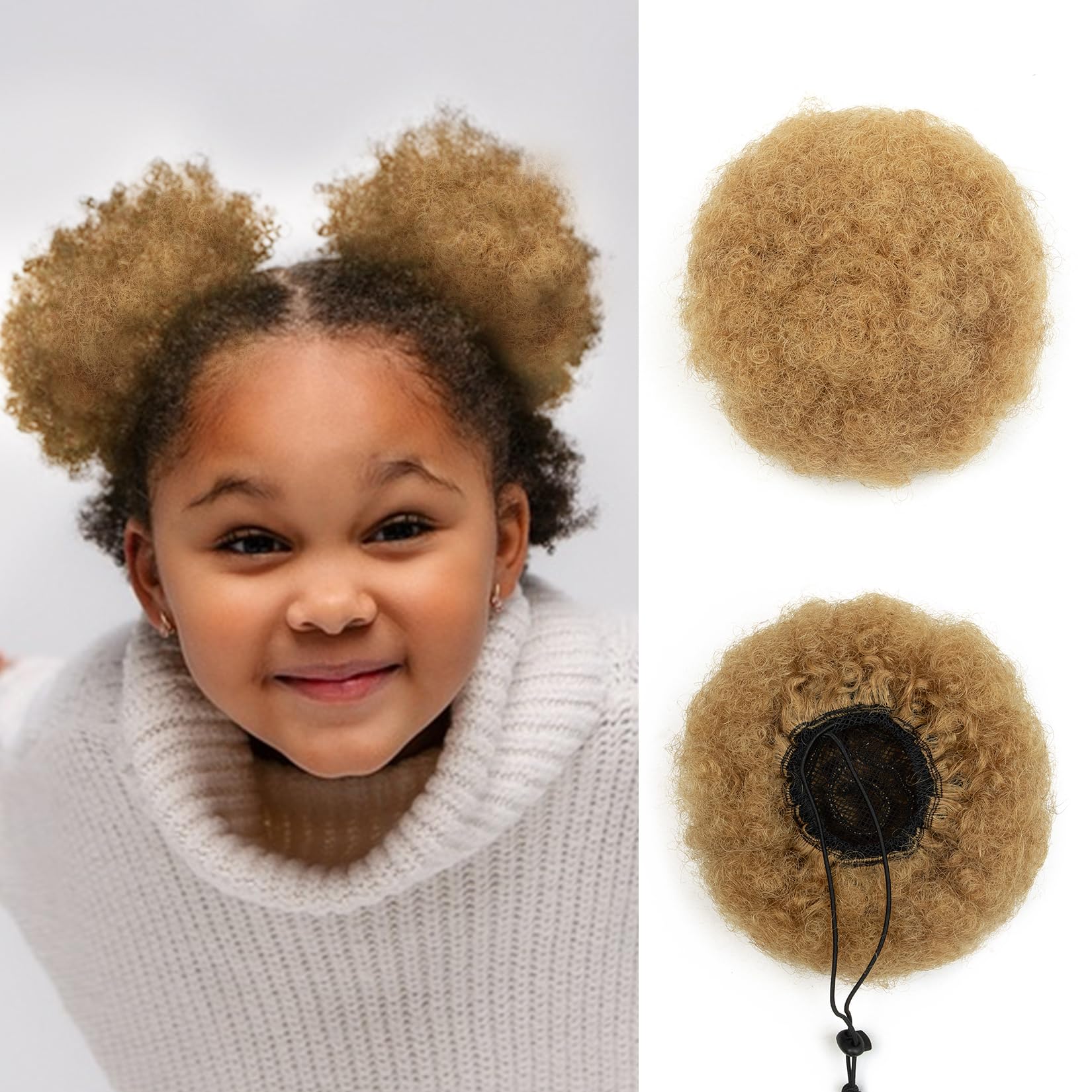 Real Human Hair Afro Puff Ponytail Natural for Kids Black Women Short Kinky Curly Ponytail Extension Drawstring 4c Ponytail Fake African American Cheer Afro Puffs High Bun Updo Light Blonde 6 Inch 40g