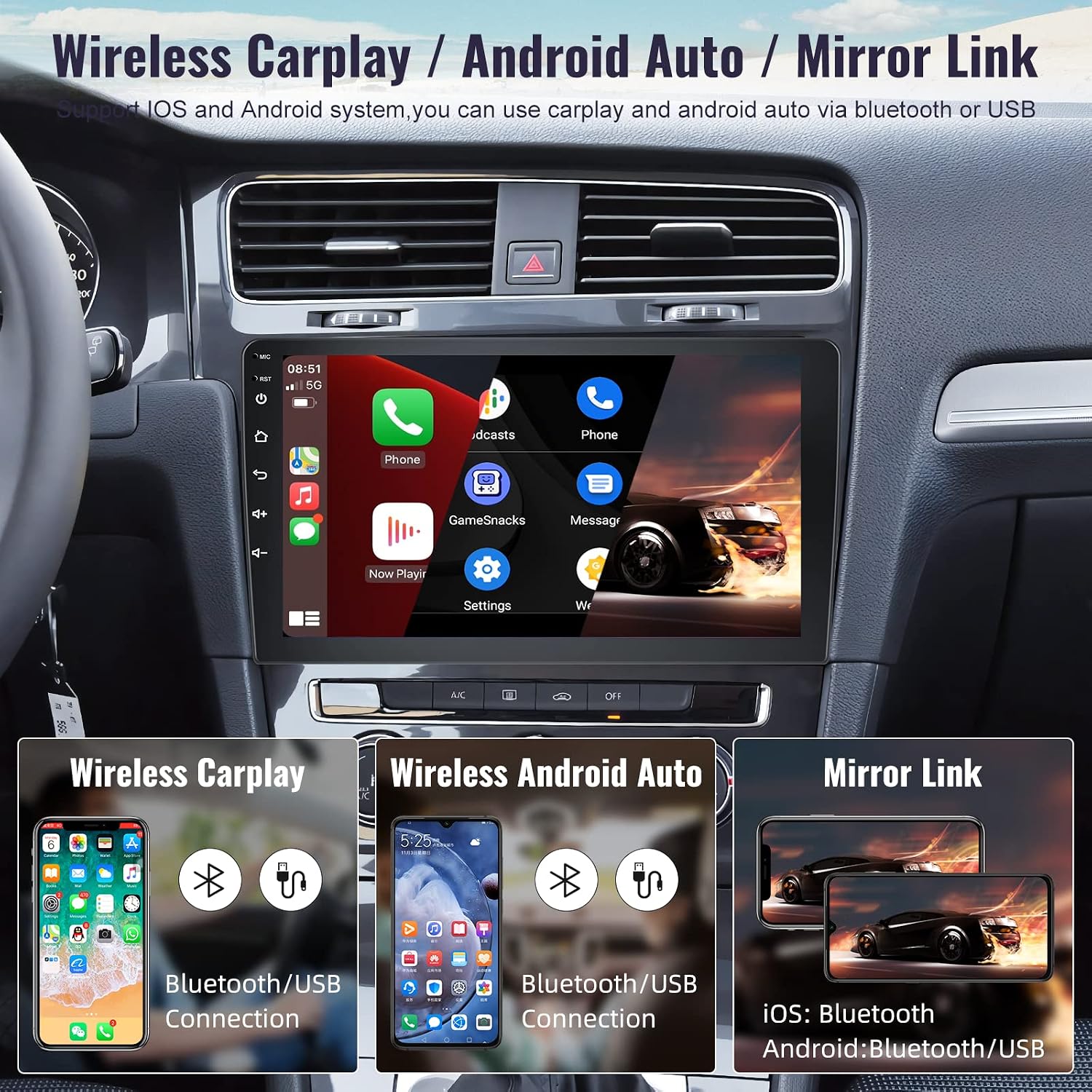 2G+32G Android Car Stereo Double Din with Wireless Carplay Android Auto, 9 Inch Touchscreen Car Radio with GPS Navigation Mirror Link HiFi Audio Bluetooth Call WiFi USB FM/RDS with Backup Camera