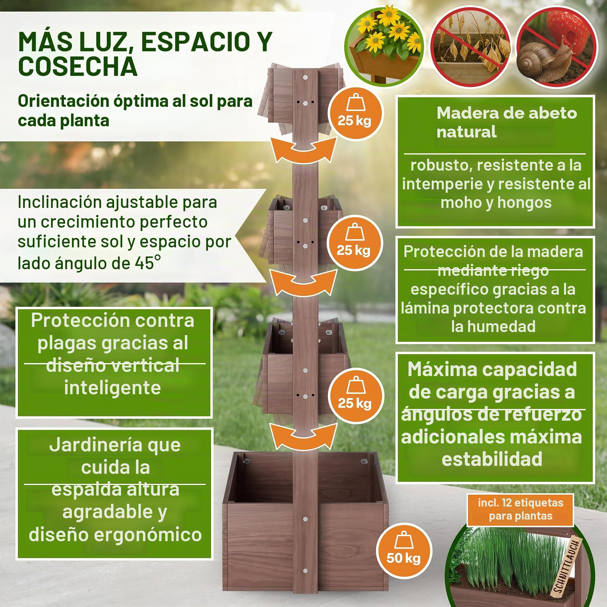 TTL GARDEN Jardinera vertical de 4 pisos de madera 140x85x45cm marrón - Jardinera vertical y maceta elevada para hierbas con 4 pisos y película - Madera de abeto resistente a la intemperie - Maceta