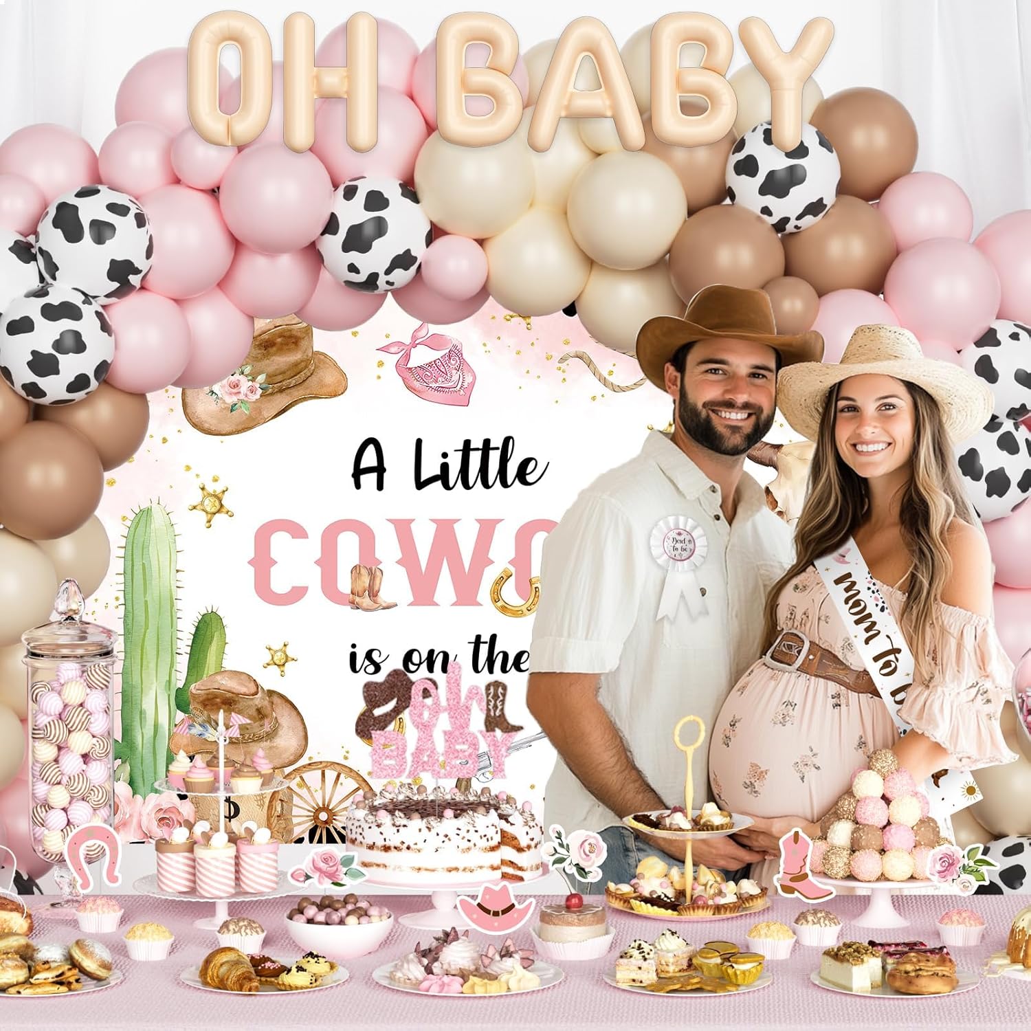 Costova Cowgirl Baby Shower Decorations - 108PCs A Little Cowgirl is On The Way Party Supplies with Backdrop, Balloon, Tablecloth, Sash and Badge for Western Wild West Rodeo Girl