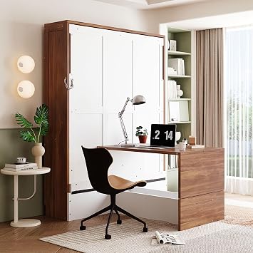 MERITLINE Full Murphy Bed with Desk, Wood Folding Hideaway Space Saving Murphy Wall Bed for Adults White