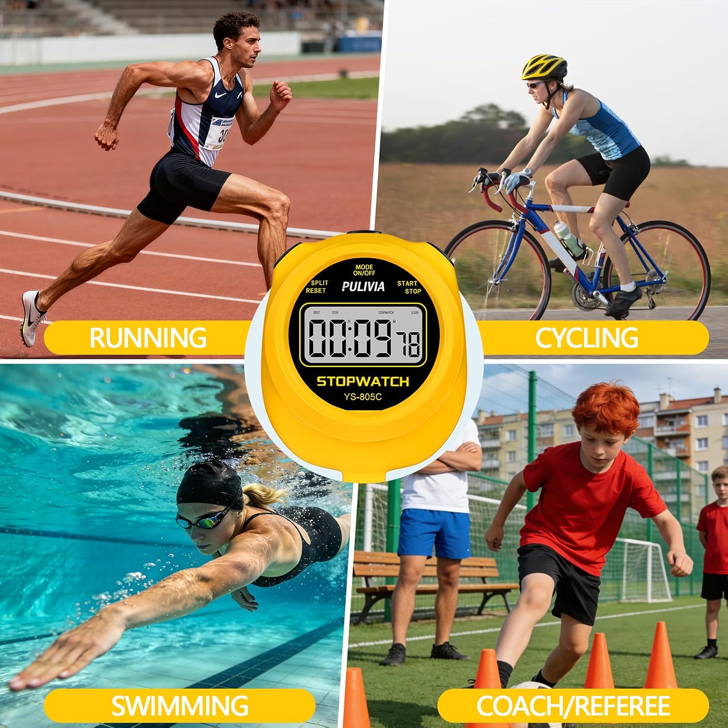 Stopwatch Timer with Countdown, Simple Operation Digital Stop Watch for Sports, Countdown-Alarm Button-Sound, AAA Battery Included (Yellow)