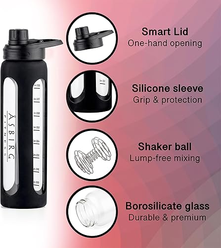 Miniatura 4 de 2.0  Botella mezcladora de proteínas de vidrio de 35 onzas, sin BPA, tapa a prueba de fugas, bola mezcladora de acero inoxidable y funda de