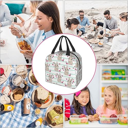 Miniatura 9 de Lonchera reutilizable, bolsa de almuerzo térmica, bolsa para viaje, compras, picnic, duradera, impermeable, diseño de lindo conejito con fresas y