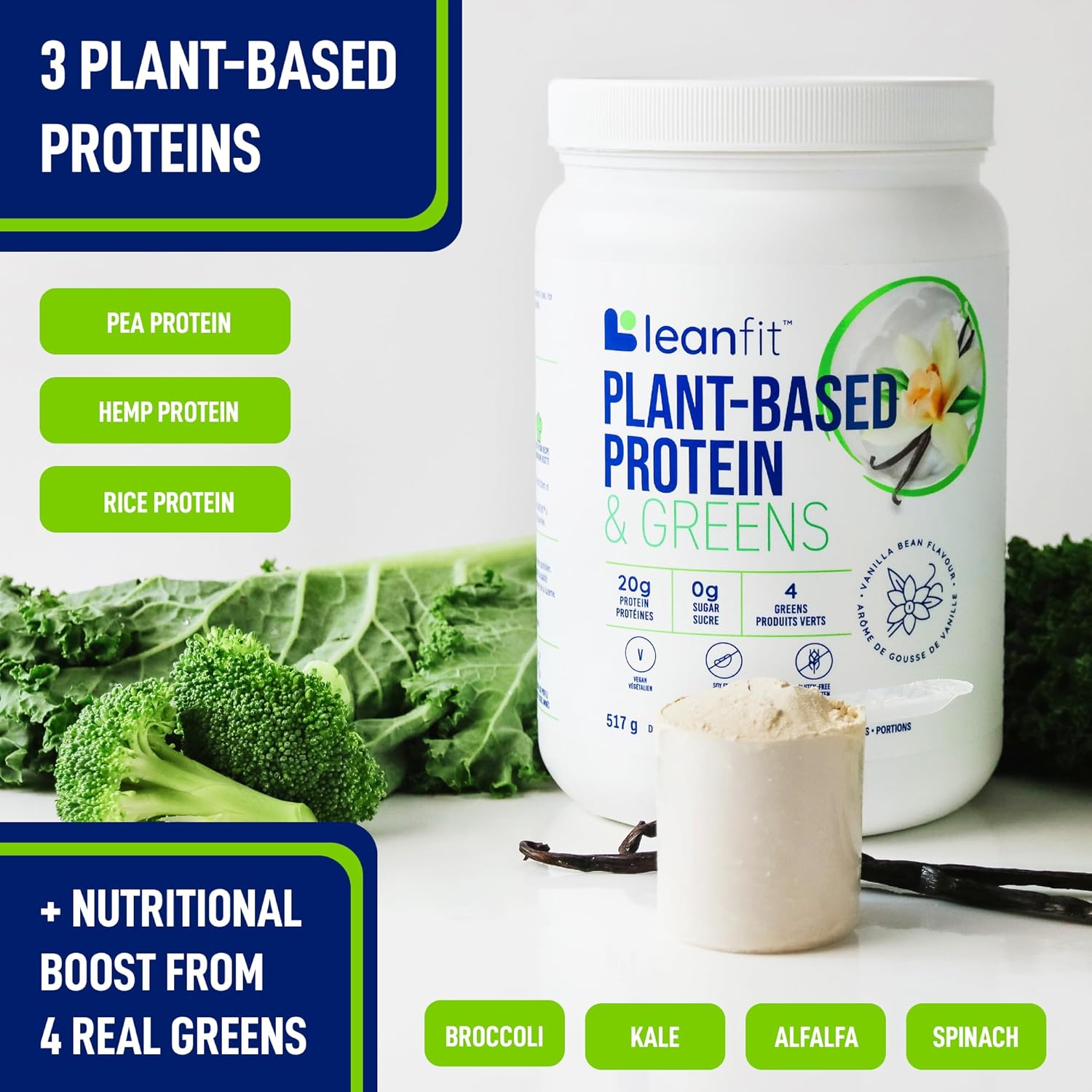 LeanFit Plant-Based Protein & Greens Natural Vanilla – 20g Plant Protein + 4 Leafy Greens Per Serving – Vegan, Gluten-Free, Soy-Free, No Sugar – 19 Servings, 1.21 Pound Tub