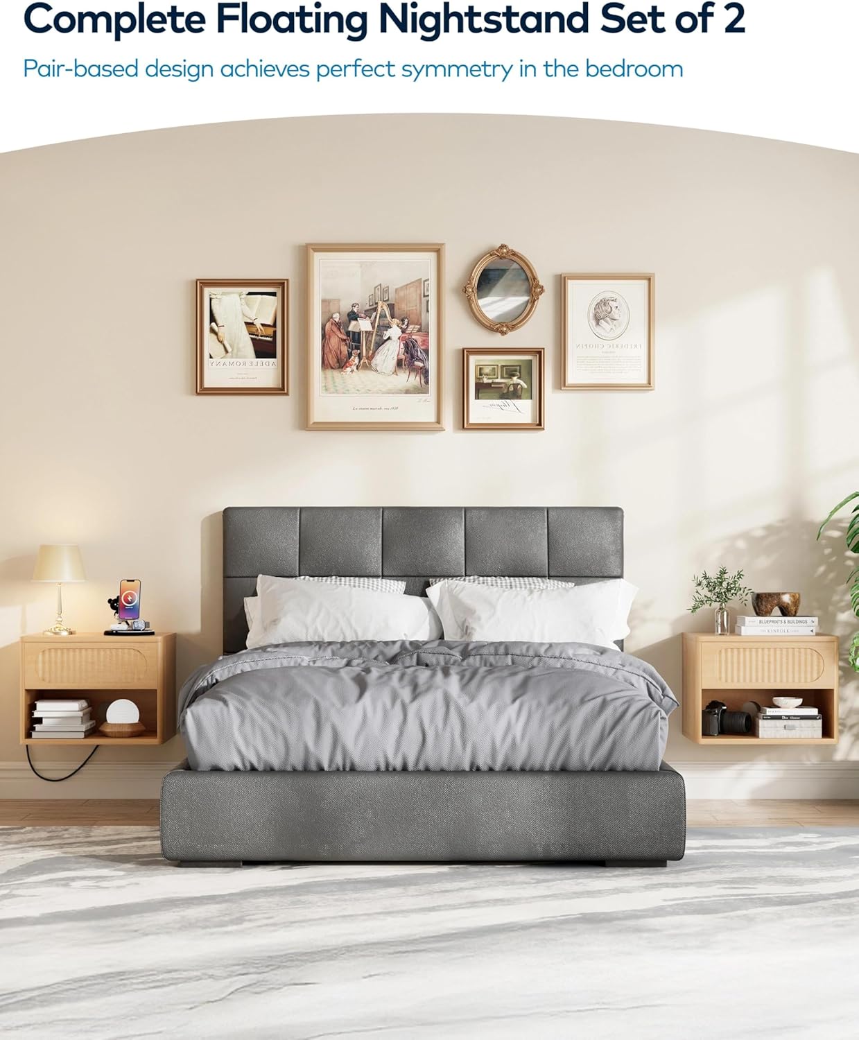 Fluted Floating Nightstand Set of 2, Wall Mounted with Drawer & Storage Shelf, Waterproof & Scratch-Resistant, Metal Glide, Compact for Small Spaces (15.8”W x 12.6”D x 11.9”H, Natural Wood)