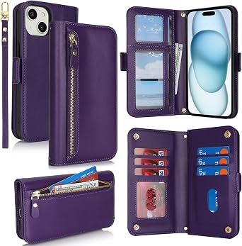 for iPhone 15 Phone Case with RFID Blocking Card Holder for Women Men,Phone Case Wallet for iPhone 15 with Wrist Strap,PU Leather Zipper Pocket Credit Card Slots Flip Cover,Purple