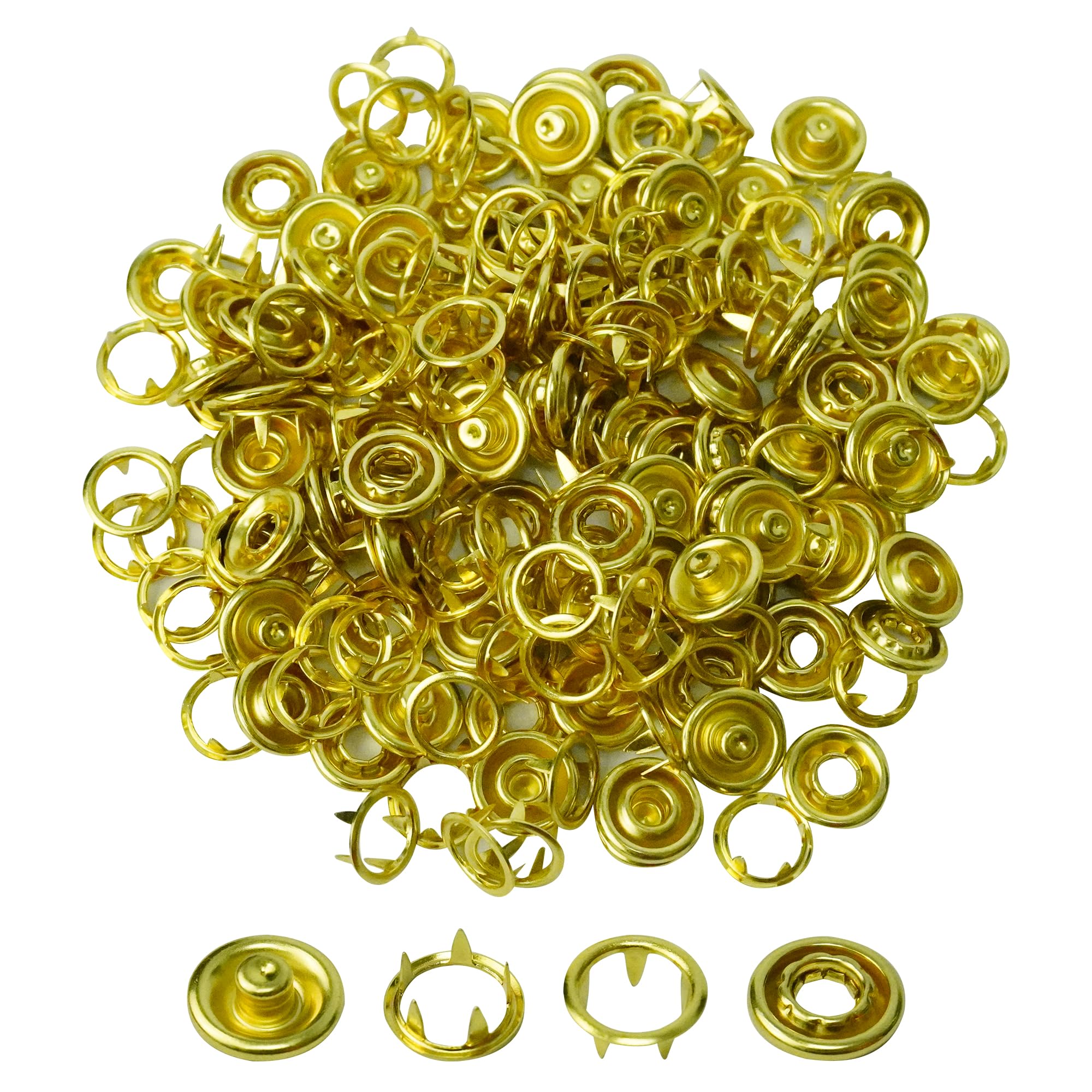 Trimming Shop 9.5mm Metal Snap Fasteners Poppers, No Sew Rust-Proof Nickel-Free Prong Ring Press Studs for Clothing, Bags, Baby Bib, Baby Clothes, Bib, DIY Crafts, Shirts, Gold, 50pcs