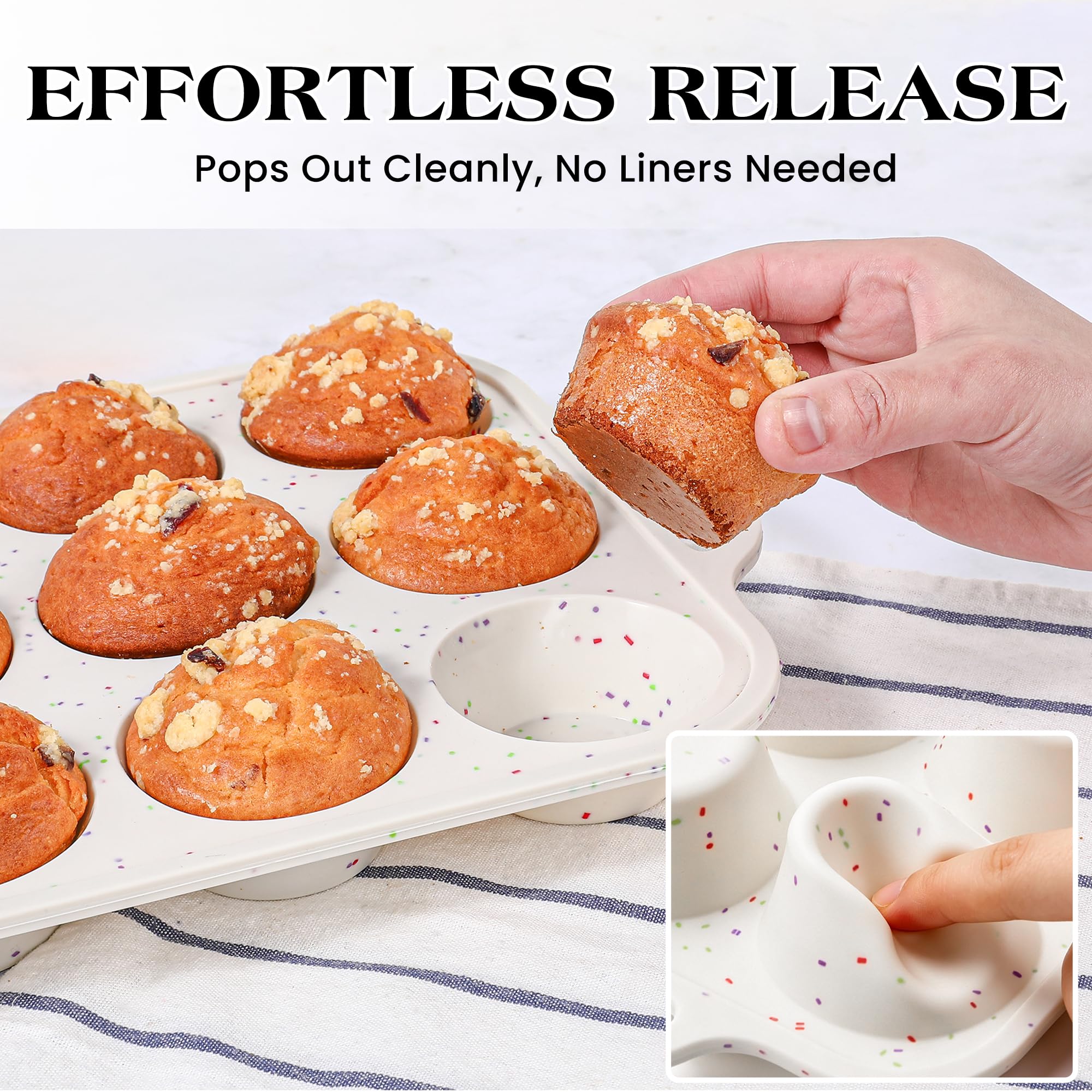 Normale Cupcake-Form für 12 Tassen und Mini-24 Cupcakes, antihaftbeschichtet, Silikon-Muffinform zum Backen, Silikon-Cupcake-Form mit metallverstärktem Rahmen, BPA-frei (2 Stück, cremefarben)