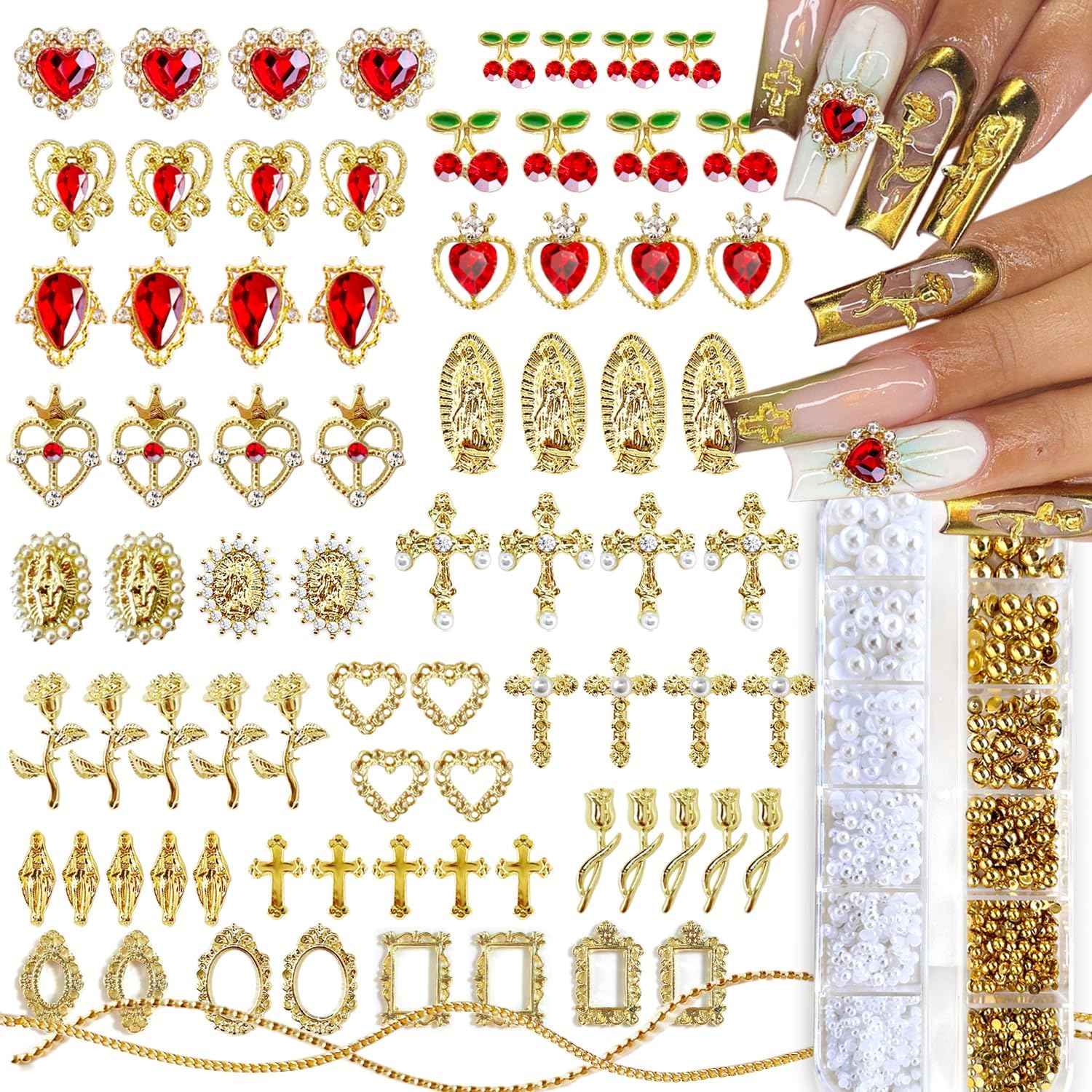 3D Luxury Gold Cross Nail Charms, Flat Back Pearls Bead Crafting, Rhinestones Nail Charms Y2k Cute Crown Star Moon Heart Flower Virgin Mary Angel Dangle Gem Charms Nail Art Nail Chains Bulk
