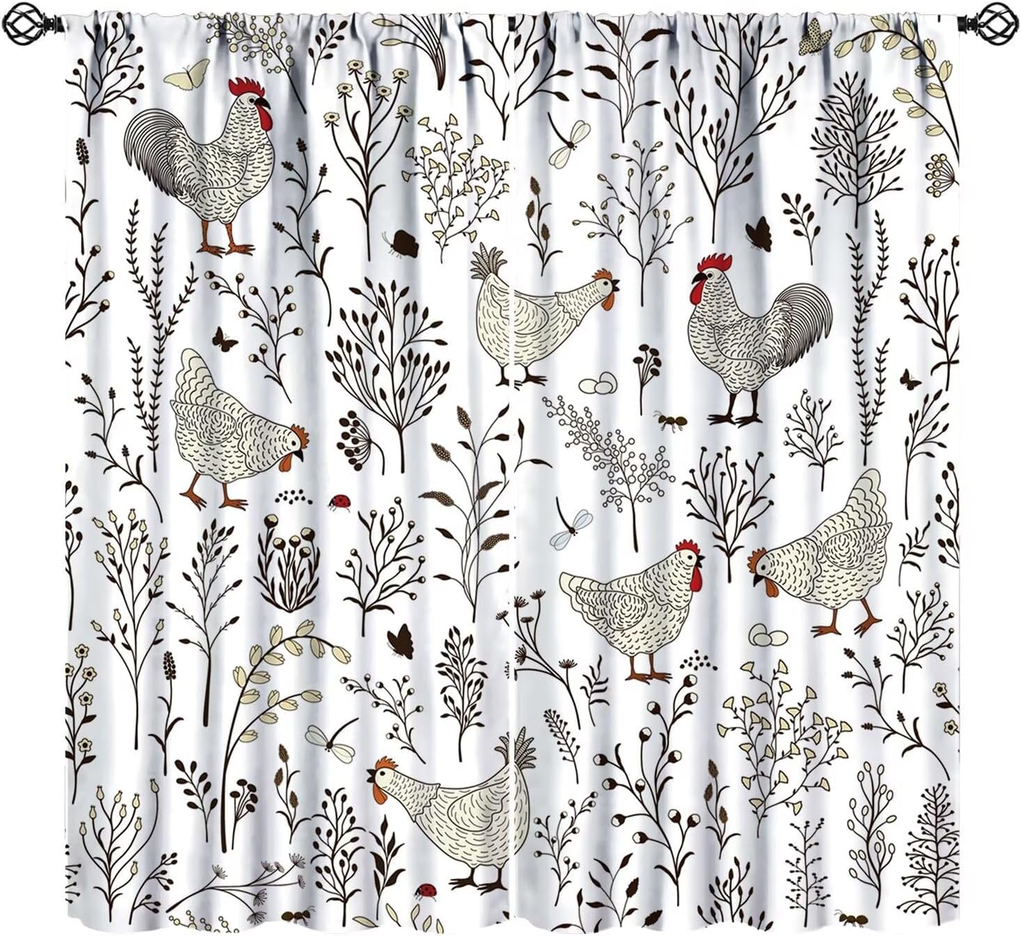Rooster Chicken Leaves Kitchen Curtains Plant Botanical Rustic Farmhouse Vintage Pattern Print Bedroom Living Room Rod Pocket Window Drapes 2 Panels W42xL45 Inch Blackout