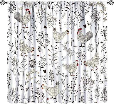 Rooster Chicken Leaves Kitchen Curtains Plant Botanical Rustic Farmhouse Vintage Pattern Print Bedroom Living Room Rod Pocket Window Drapes 2 Panels W84xL84 Inch Blackout
