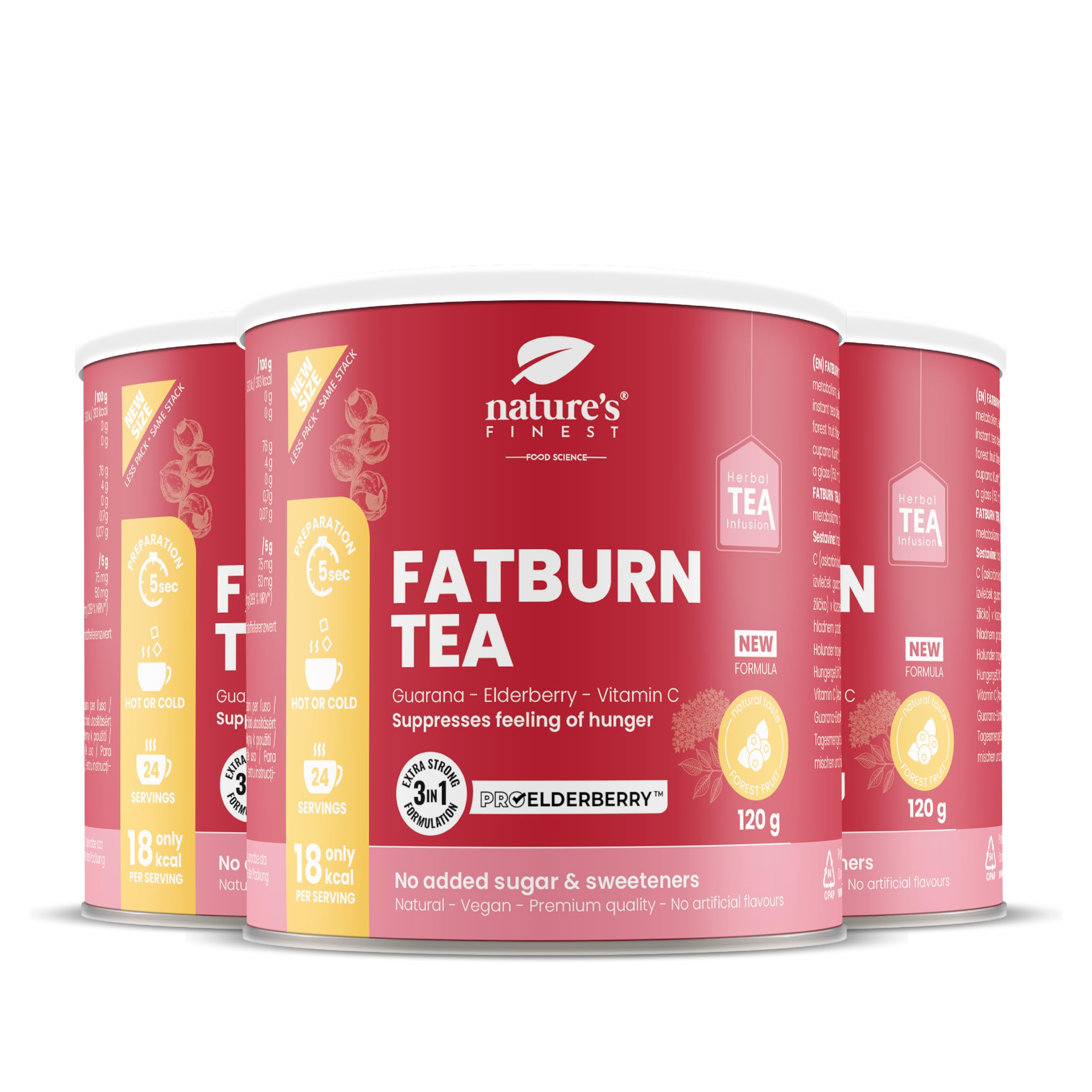 Nature's Finest Burn Tea, Instant-Tee 360 g (3er Pack) | Instant-Teemischung mit Weißtee-Extrakt, Holunder, Guarana & Vitamin C - Waldfruchtgeschmack, ohne Zuckerzusatz
