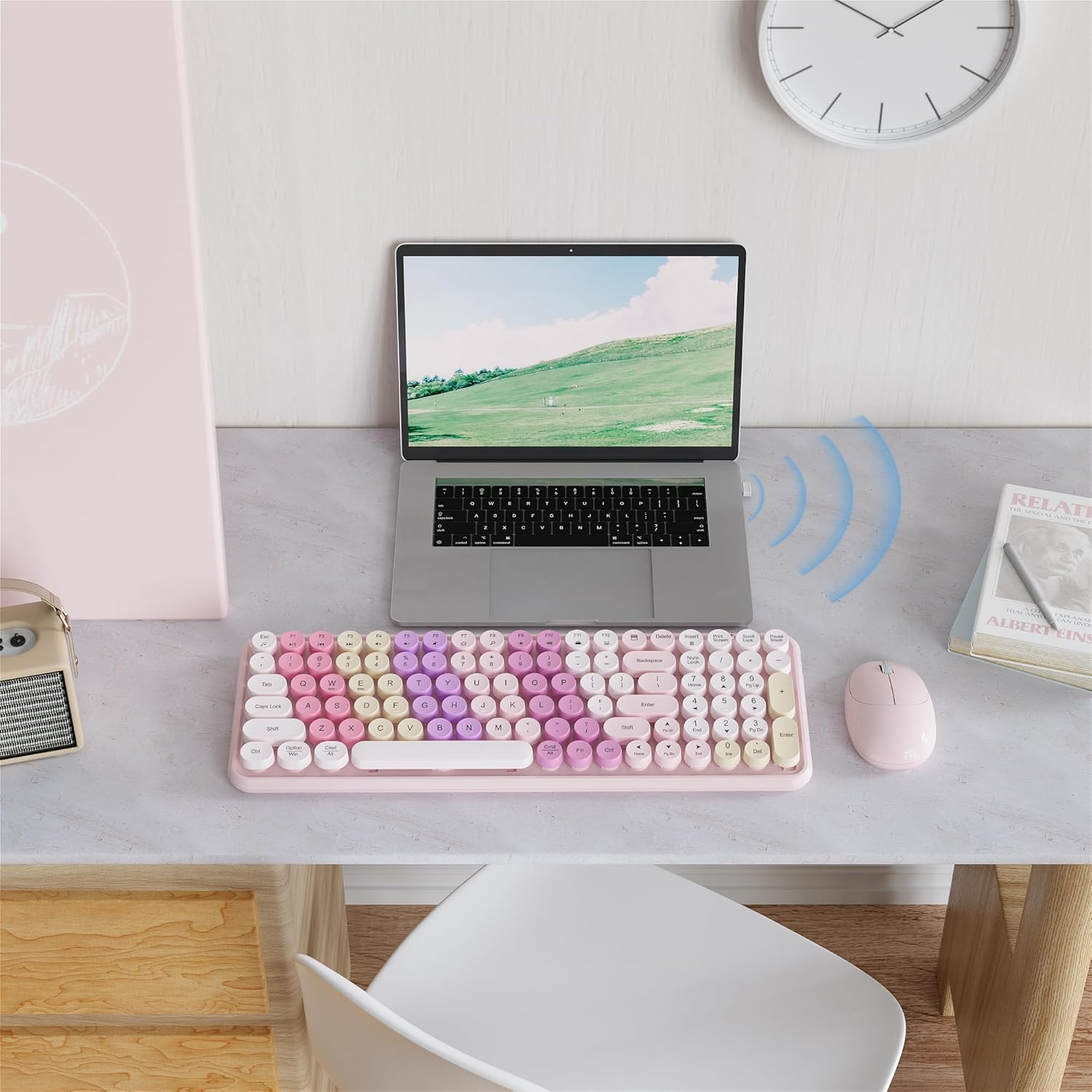 MPTOG Retro Typewriter Wireless Keyboard and Mouse Combo, Colorful Round Floating Keycaps, 100-Key Full-Size Aesthetic Desktop Set with Power Switch for PC, Mac (Pink)