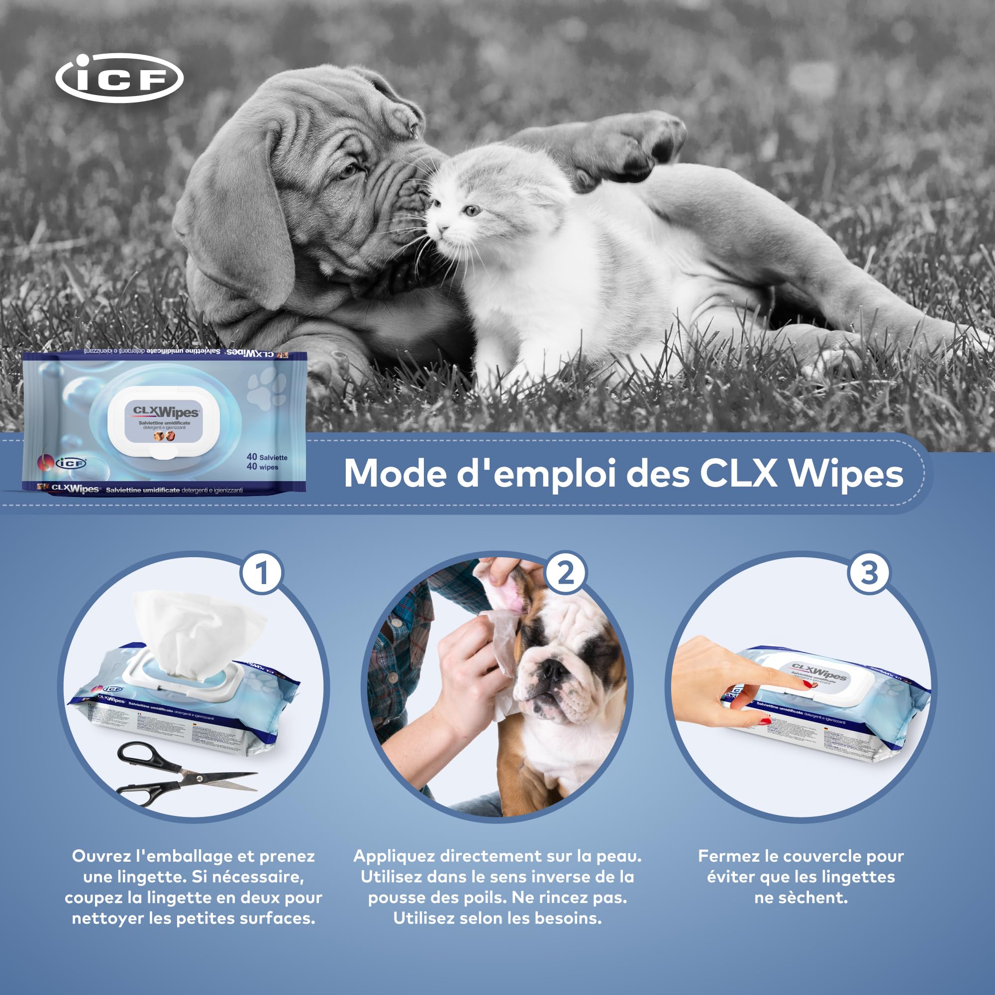 ICF | CLX Lingette Chien | Lingettes Nettoyantes, Assainissantes et Hydratantes pour Chien et Chat | Nettoyage quotidien des pattes, des plis cutanés, et des espaces interdigités | 40 lingettes