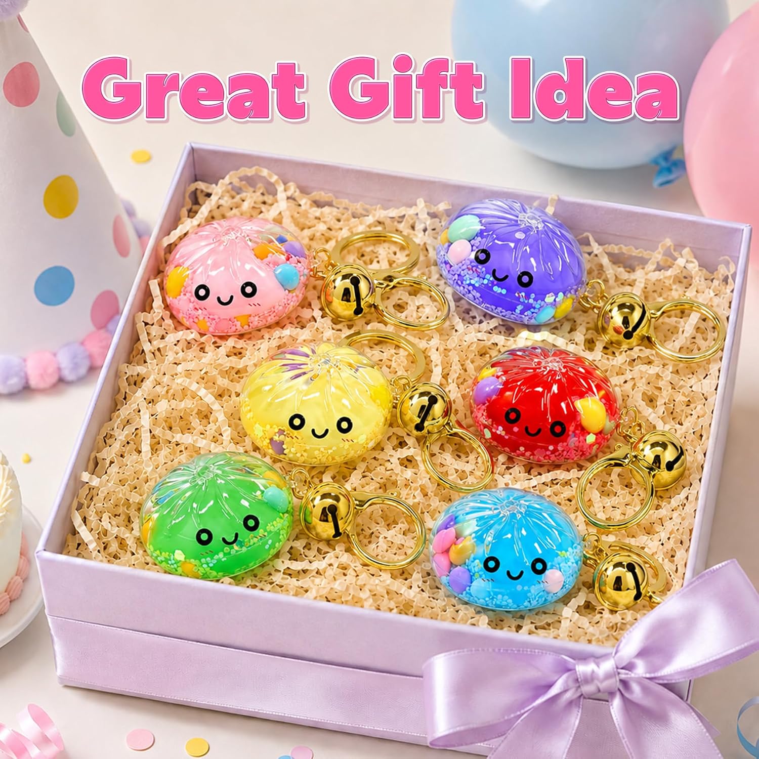 6PCS Kawaii Fidget Keychain Toy,1.77in Acrylic Flow Bun Crisp Bell Sound